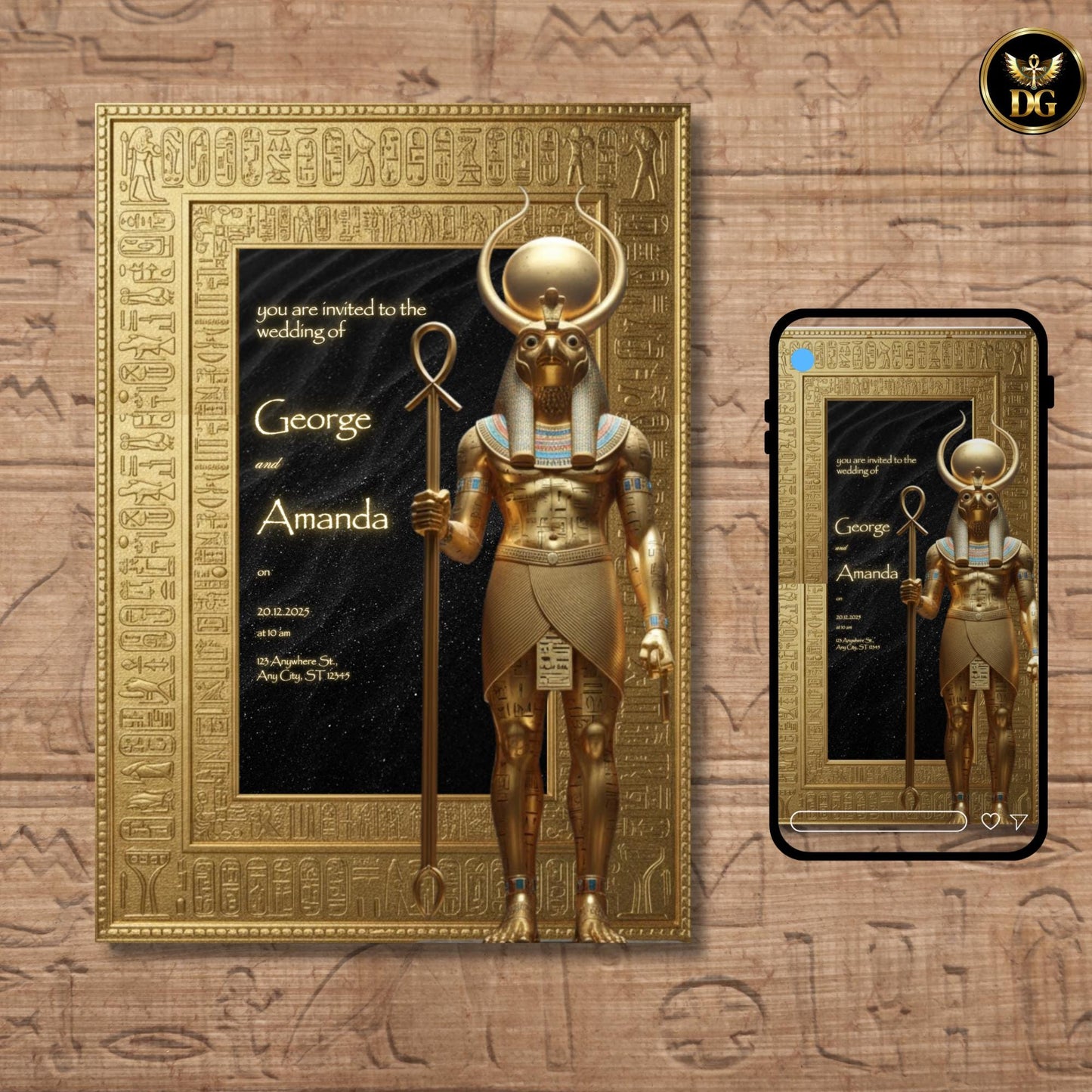 Royal Egyptian Wedding Invitation | Golden Ra God Design | Black Velvet Starry Background | Luxurious Editable Canva Template
