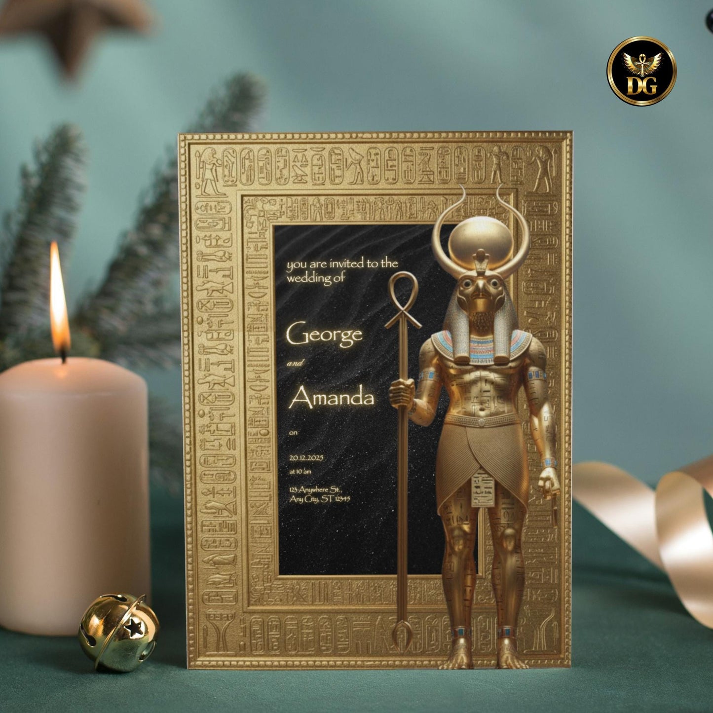 Royal Egyptian Wedding Invitation | Golden Ra God Design | Black Velvet Starry Background | Luxurious Editable Canva Template