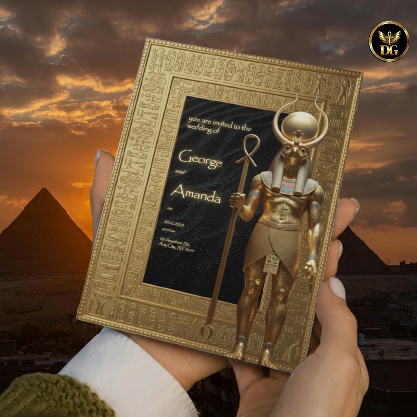 Royal Egyptian Wedding Invitation | Golden Ra God Design | Black Velvet Starry Background | Luxurious Editable Canva Template