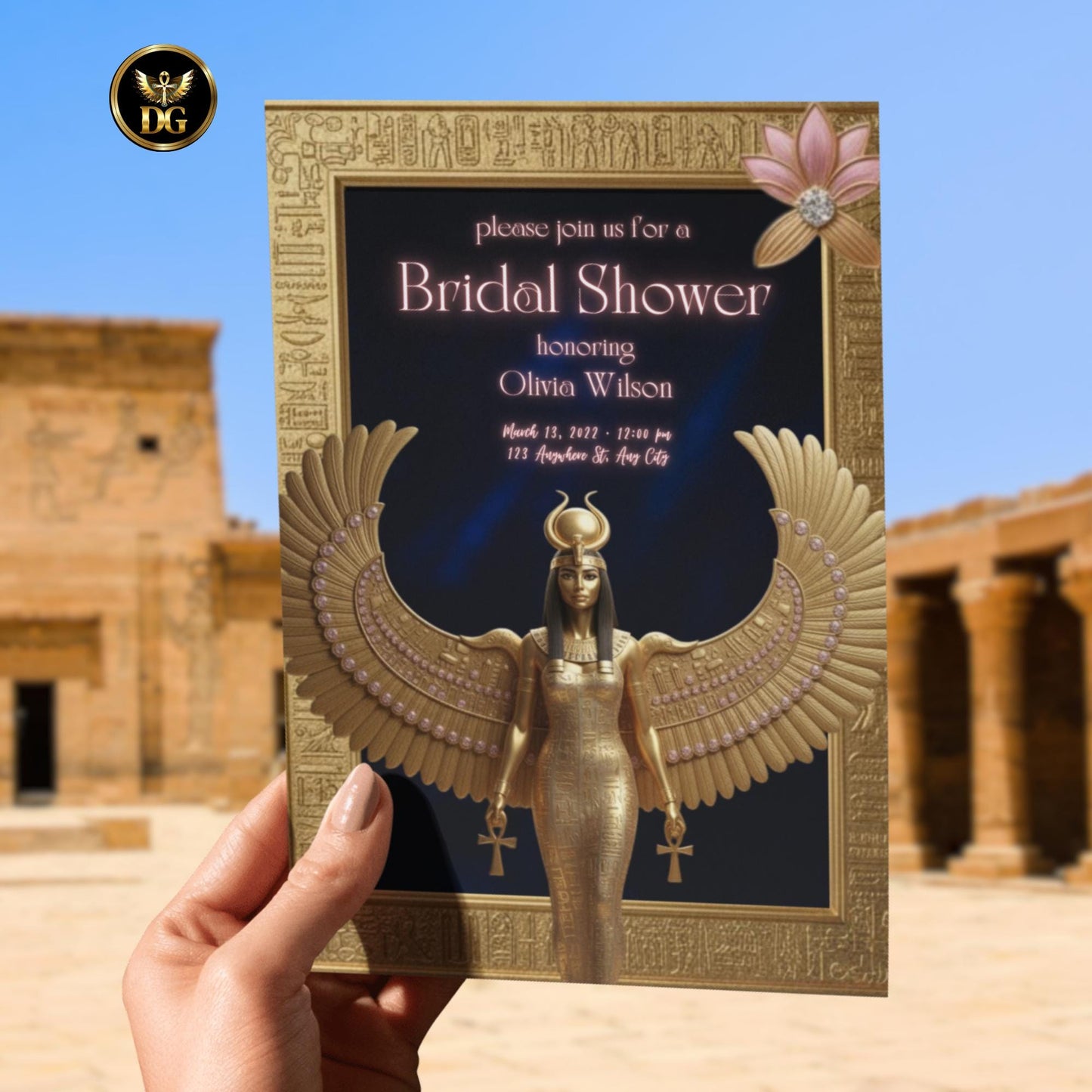 Egyptian Goddess Isis Bridal Shower Invitation | Golden Hieroglyph Frame | Navy Velvet Background | Luxurious Canva Template