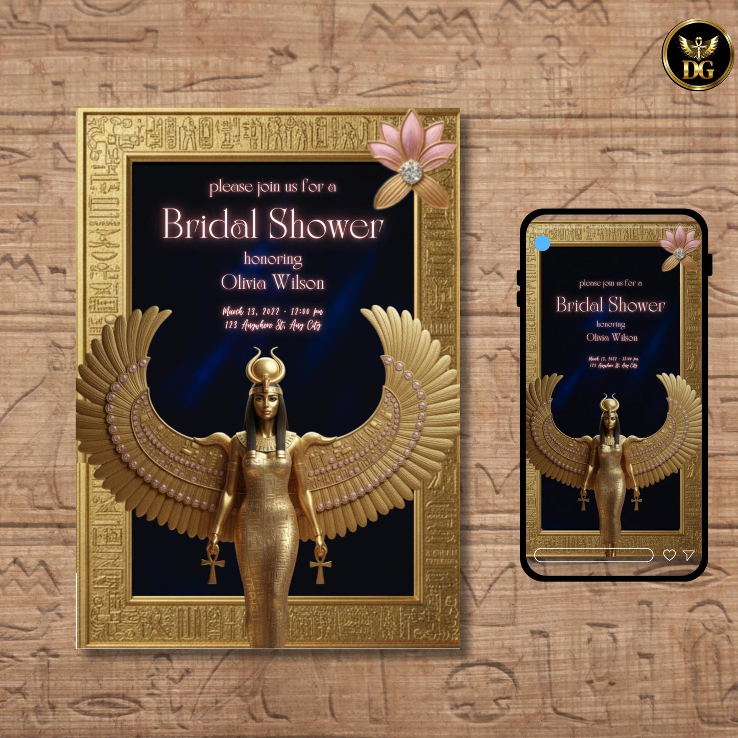 Egyptian Goddess Isis Bridal Shower Invitation | Golden Hieroglyph Frame | Navy Velvet Background | Luxurious Canva Template