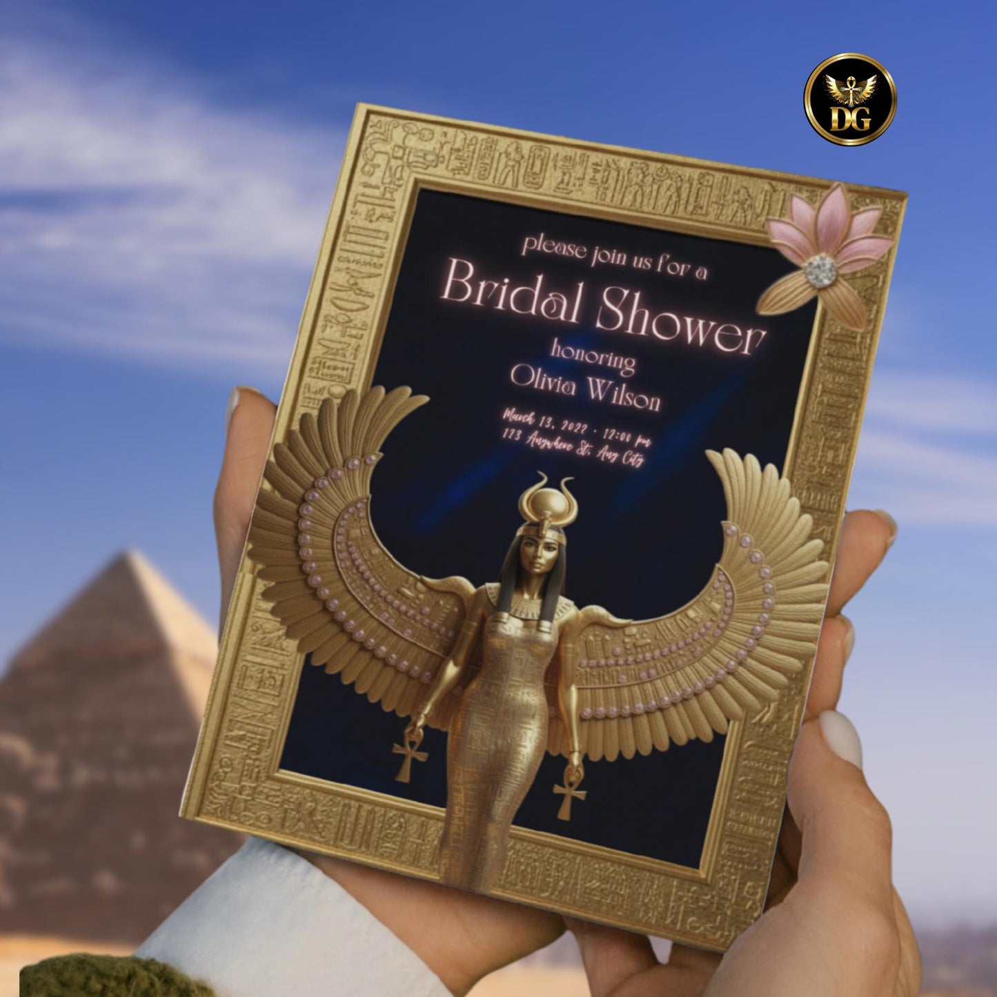Egyptian Goddess Isis Bridal Shower Invitation | Golden Hieroglyph Frame | Navy Velvet Background | Luxurious Canva Template