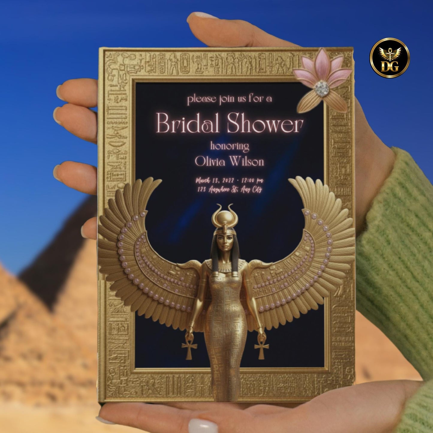 Egyptian Goddess Isis Bridal Shower Invitation | Golden Hieroglyph Frame | Navy Velvet Background | Luxurious Canva Template