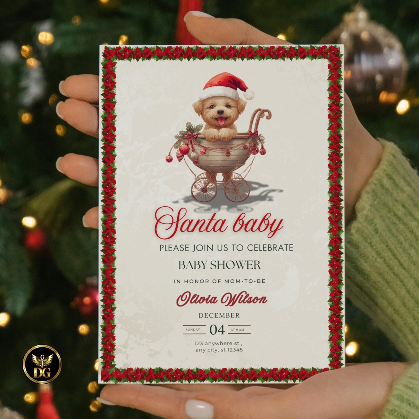 Santa Baby Shower Invitation Set | Christmas Baby Shower Bundle | Cream Gold Red Floral Car Theme Editable Holiday Template Instant Download