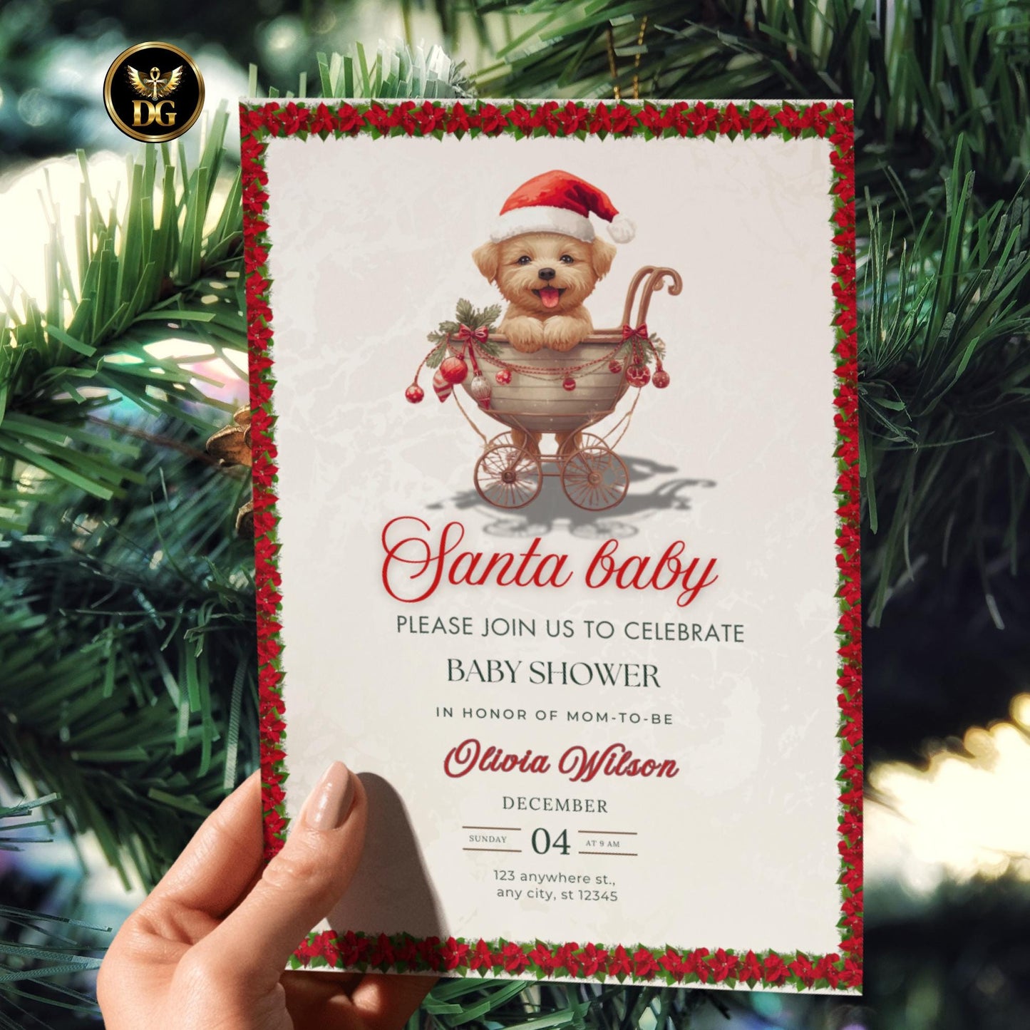 Santa Baby Shower Invitation Set | Christmas Baby Shower Bundle | Cream Gold Red Floral Car Theme Editable Holiday Template Instant Download
