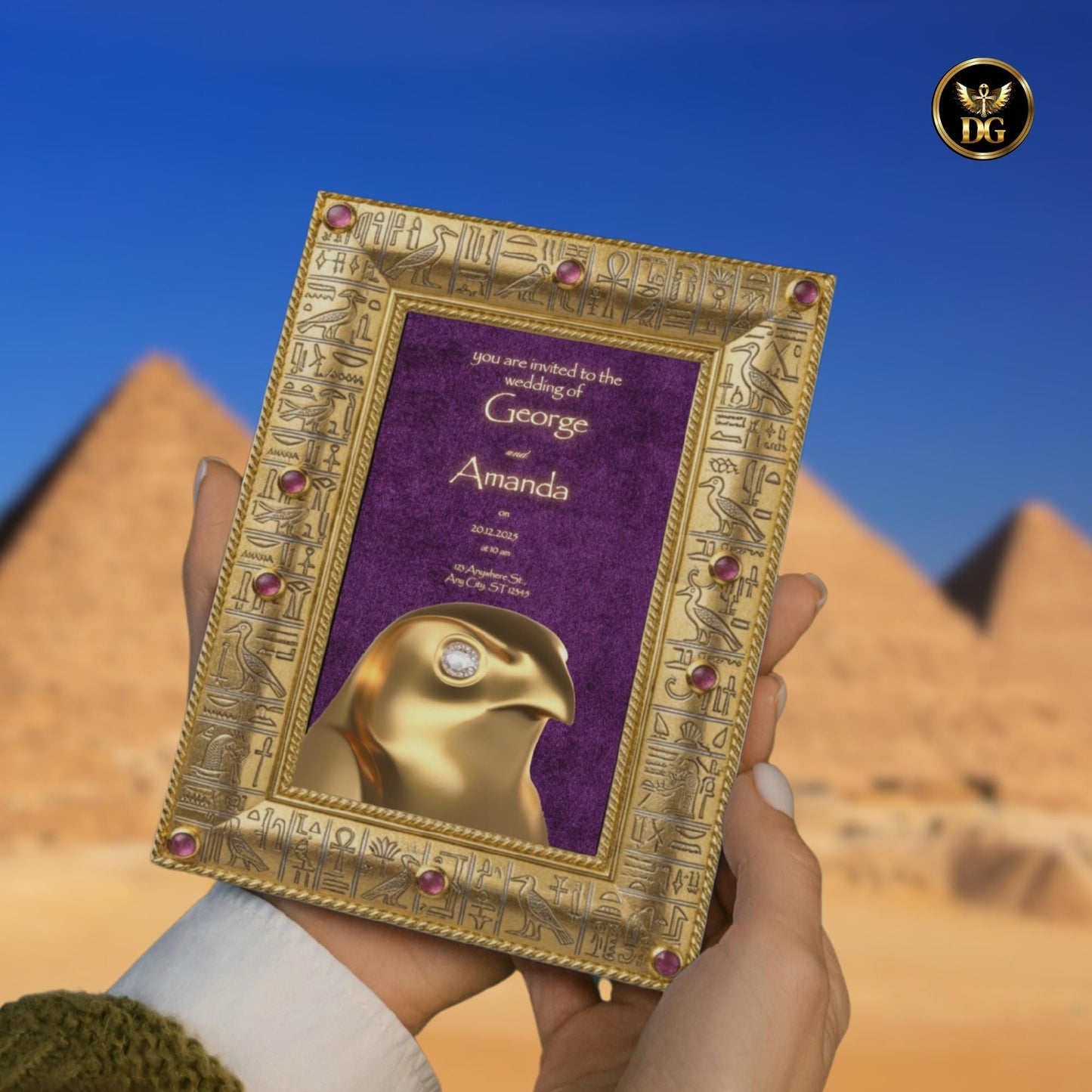 Eye of Horus Egyptian Wedding Invitation | Purple Velvet & Gold Frame | Diamond Details | Luxurious Editable Canva Template