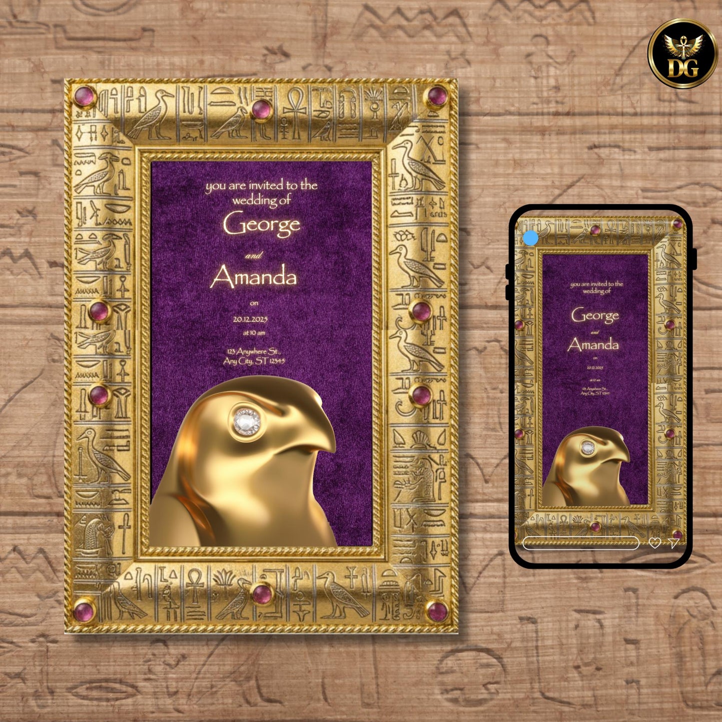 Eye of Horus Egyptian Wedding Invitation | Purple Velvet & Gold Frame | Diamond Details | Luxurious Editable Canva Template