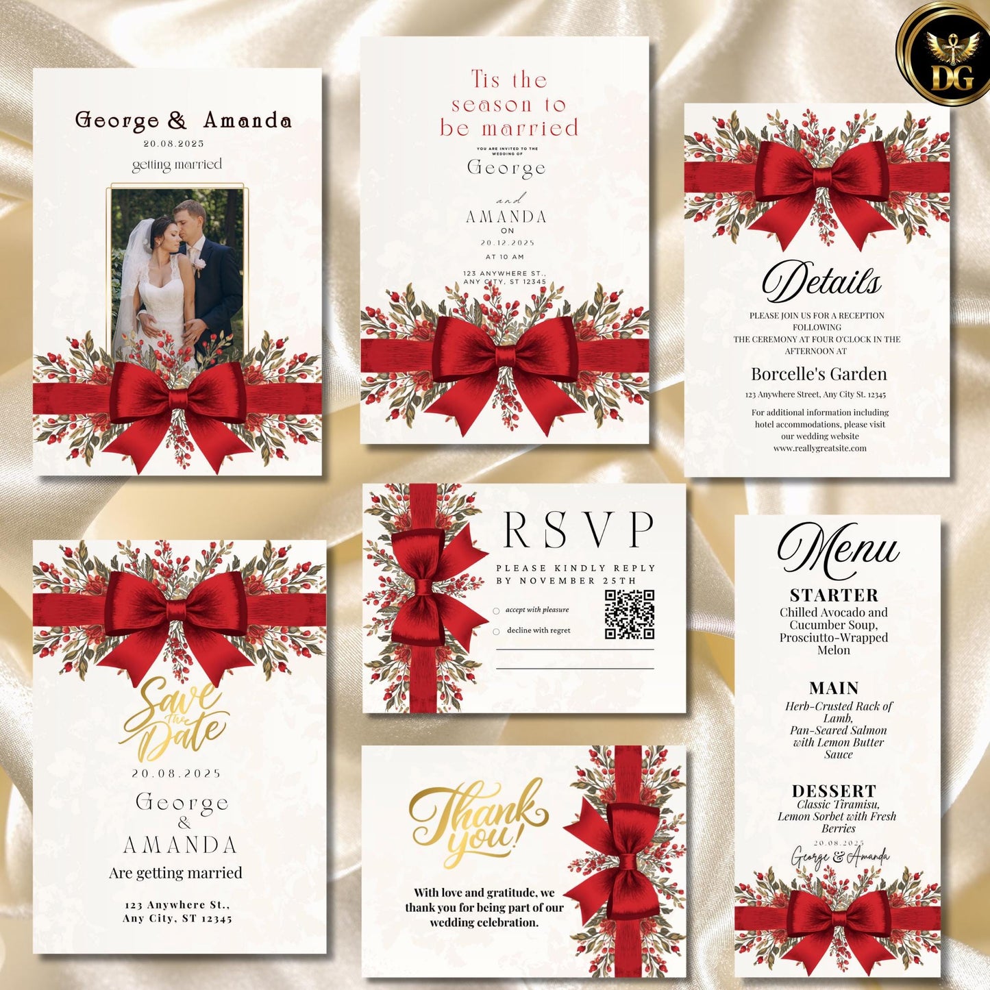 Elegant Christmas Wedding Invitation Bundle | Cream Gold Red Ribbon Holiday Wedding Set | Festive Printable Template | Winter Wedding Invite