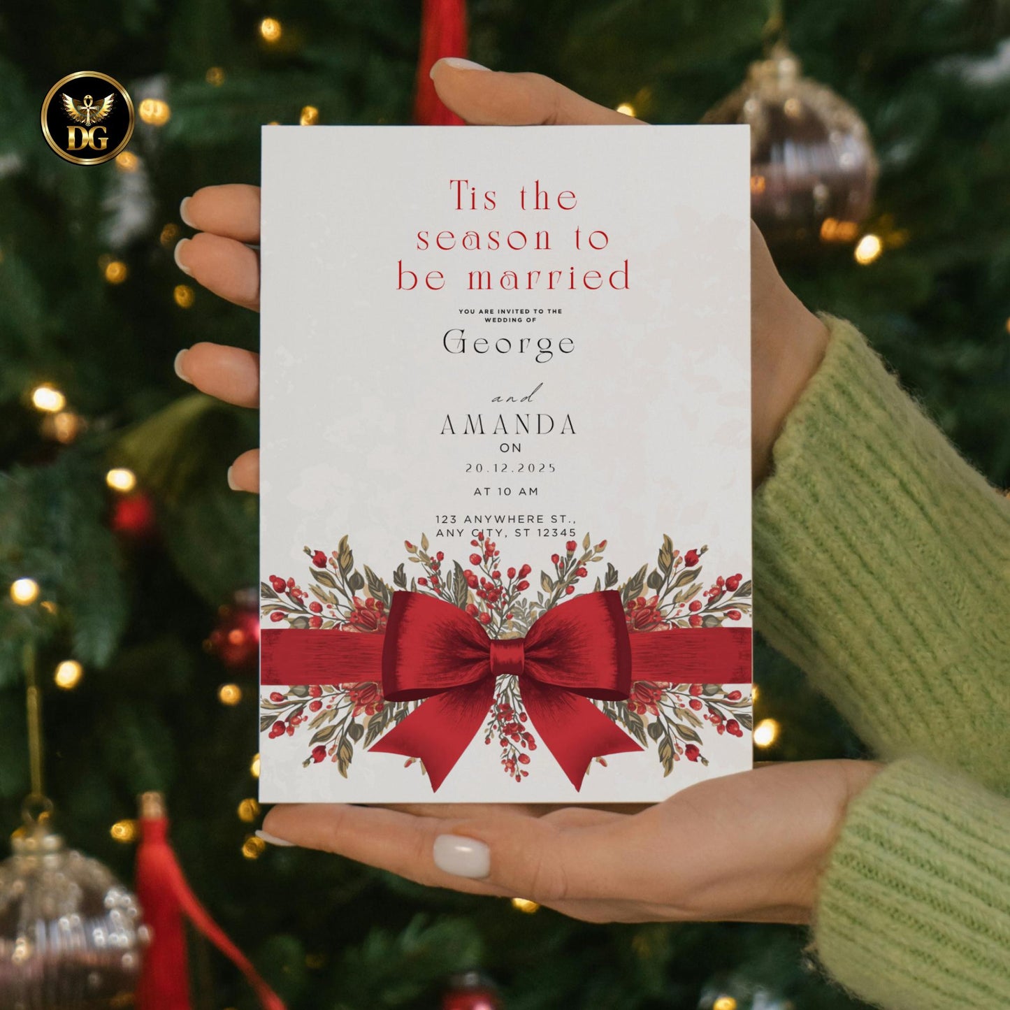 Elegant Christmas Wedding Invitation Bundle | Cream Gold Red Ribbon Holiday Wedding Set | Festive Printable Template | Winter Wedding Invite