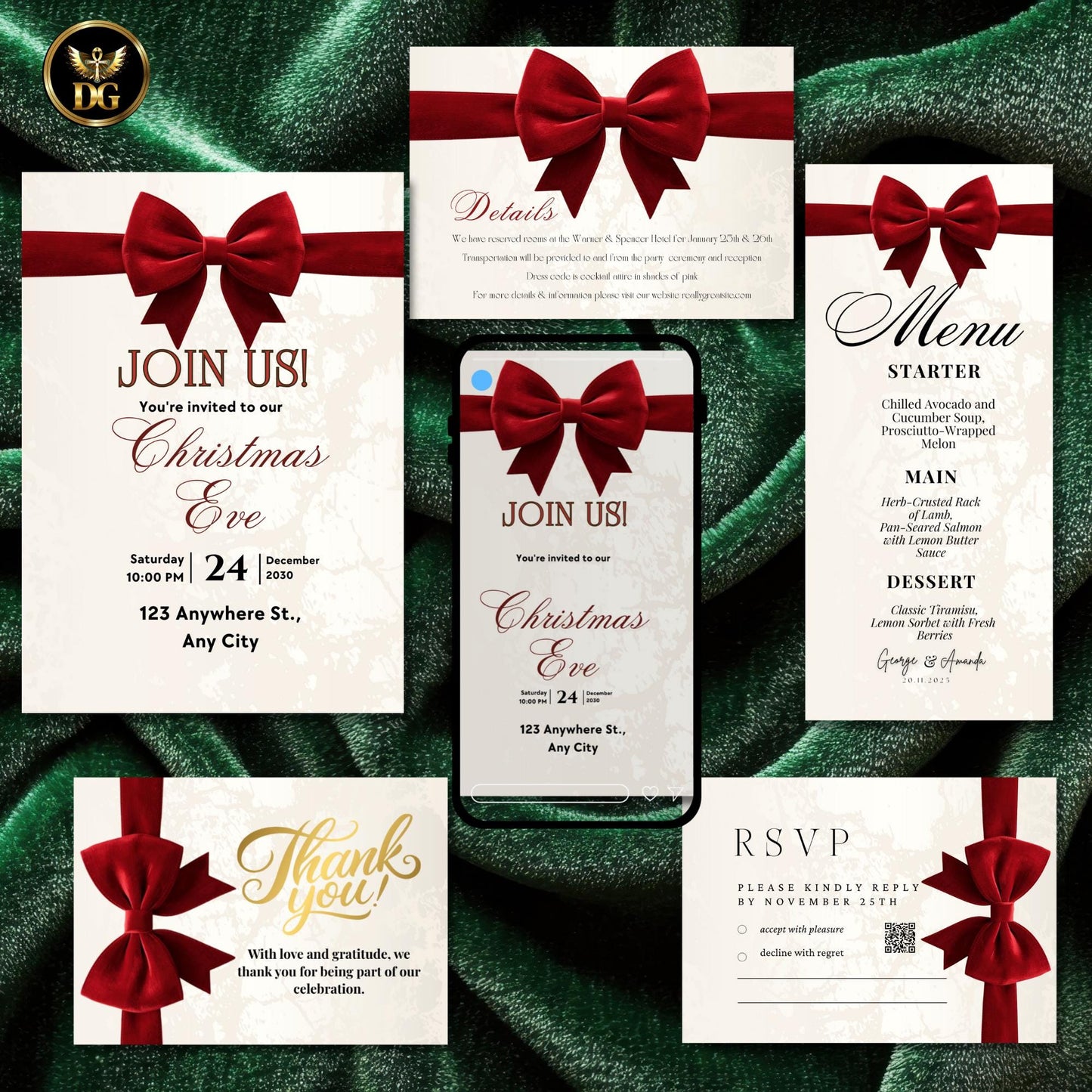 Elegant Cream Gold, Red Velvet Christmas Invitation Suite. Editable Canva Template for a Luxe Holiday Party, Digital & Printable.