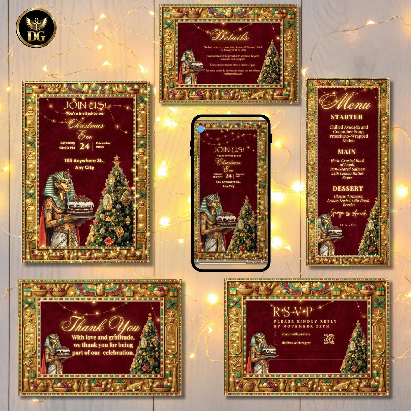 Pharaonic Christmas Eve Invitation: Tutankhamun Holds Xmas Cake by Golden Tree - Luxe Egyptian Digital Bundle Maroon Velvet 5x7 Menu RSVP