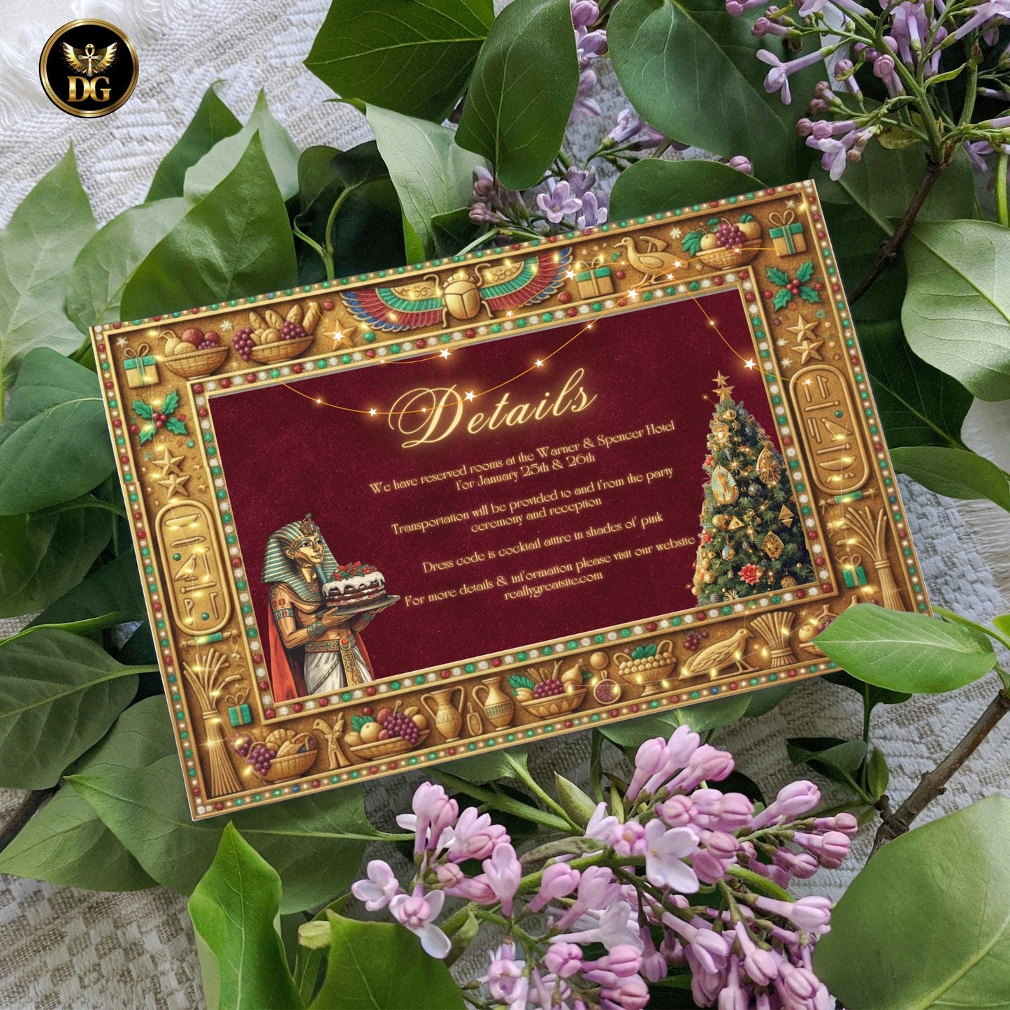 Pharaonic Christmas Eve Invitation: Tutankhamun Holds Xmas Cake by Golden Tree - Luxe Egyptian Digital Bundle Maroon Velvet 5x7 Menu RSVP