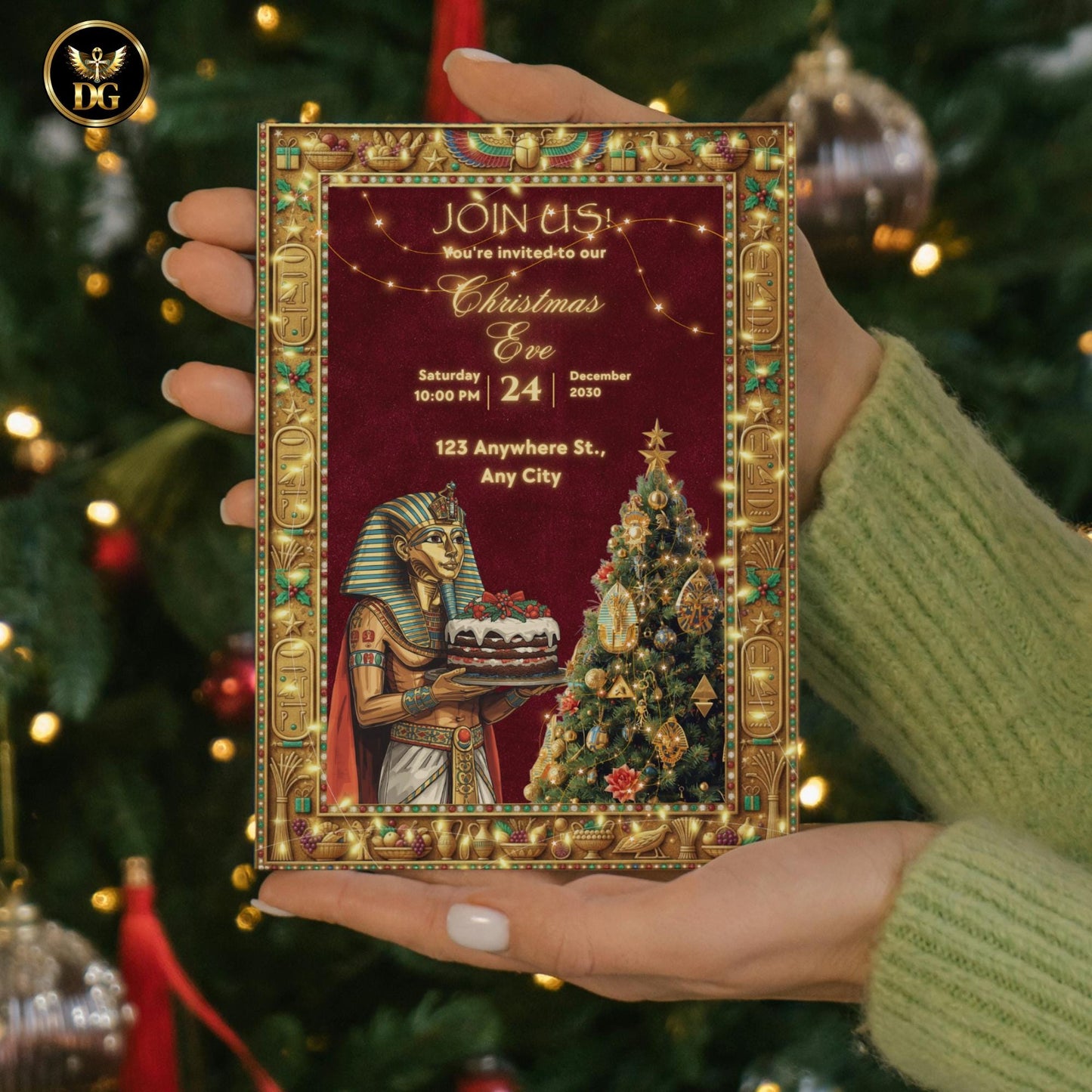Pharaonic Christmas Eve Invitation: Tutankhamun Holds Xmas Cake by Golden Tree - Luxe Egyptian Digital Bundle Maroon Velvet 5x7 Menu RSVP