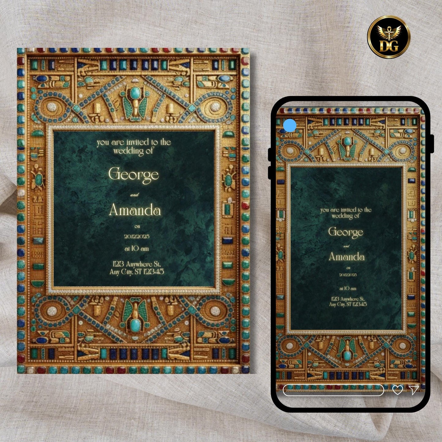 Luxury Egyptian Digital Wedding Invitation - Pharaoh Frame with Emerald Velvet & Jewel Accents