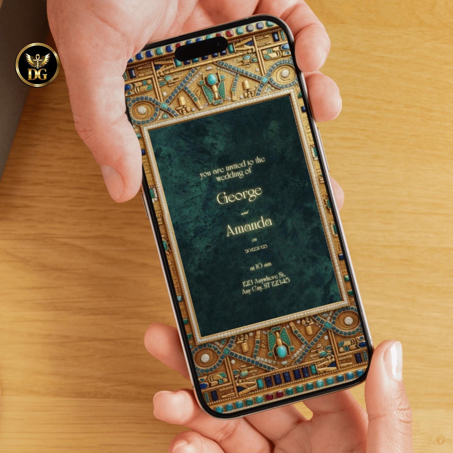 Luxury Egyptian Digital Wedding Invitation - Pharaoh Frame with Emerald Velvet & Jewel Accents