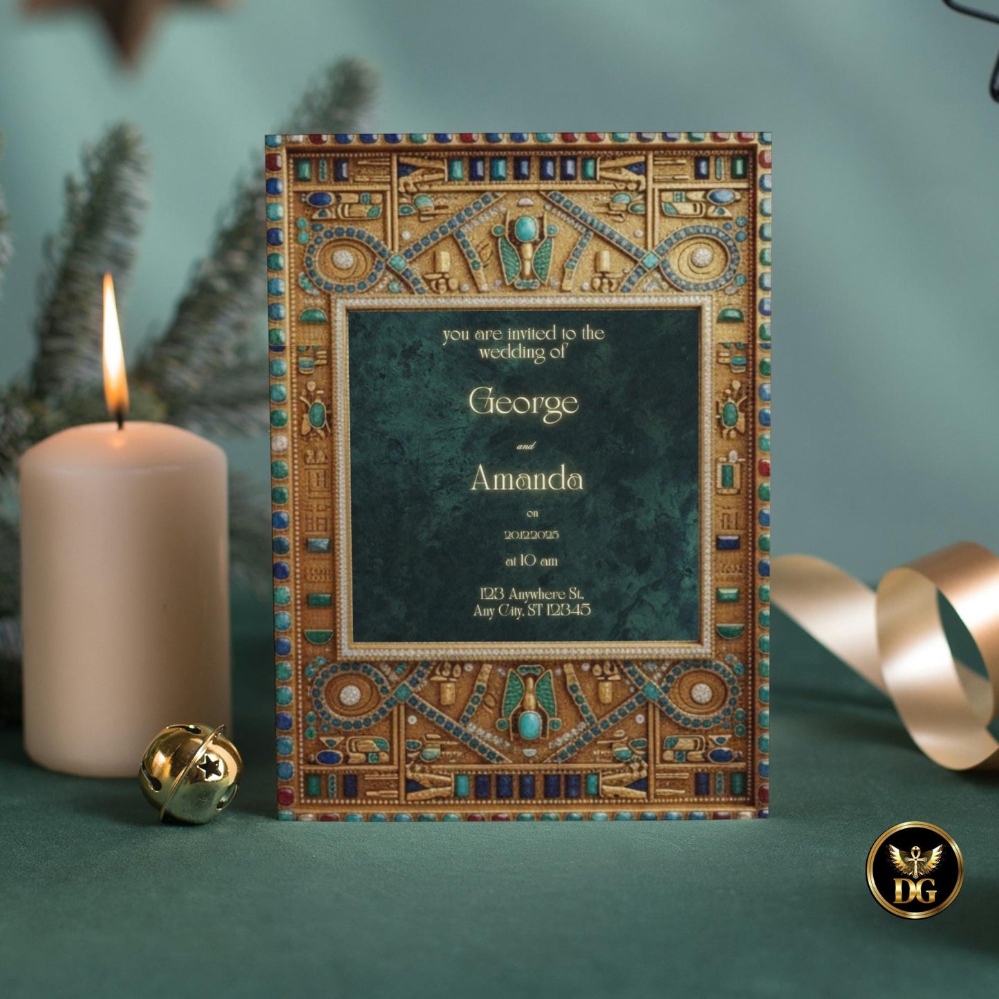 Luxury Egyptian Digital Wedding Invitation - Pharaoh Frame with Emerald Velvet & Jewel Accents