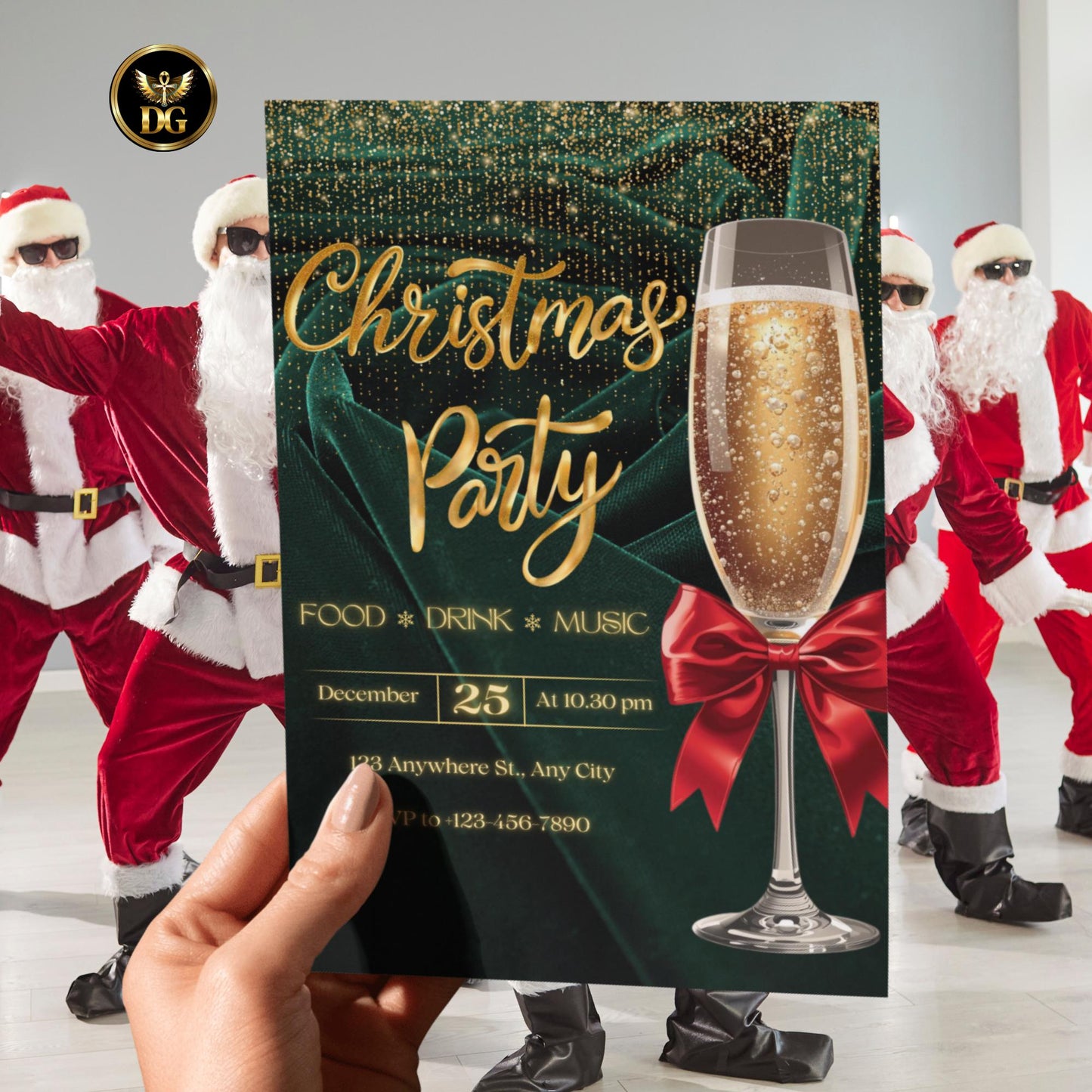 Emerald Velvet & Gold Glitter Christmas Party Invitation Set | Elegant Canva Template | Luxury Holiday Digital Invite