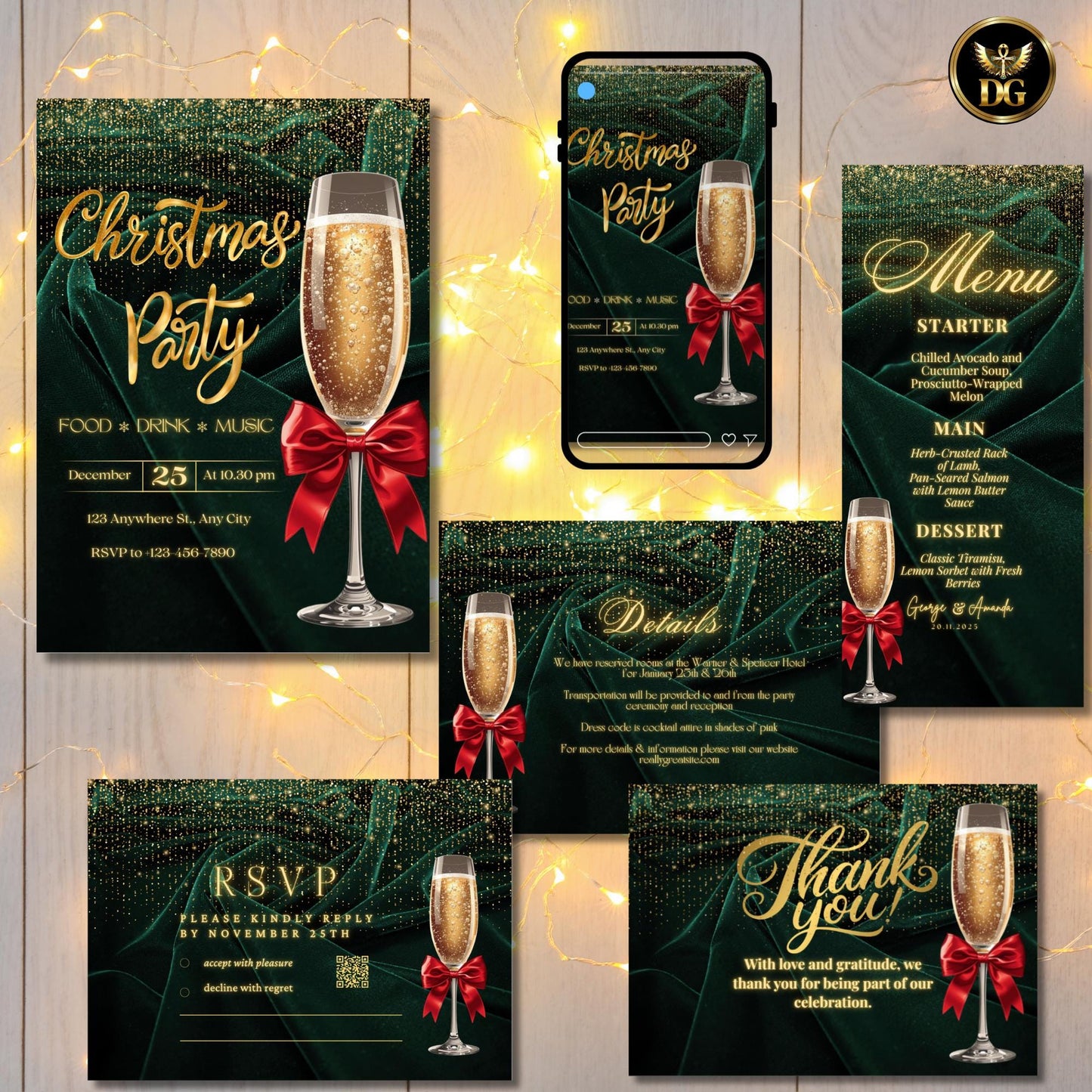 Emerald Velvet & Gold Glitter Christmas Party Invitation Set | Elegant Canva Template | Luxury Holiday Digital Invite