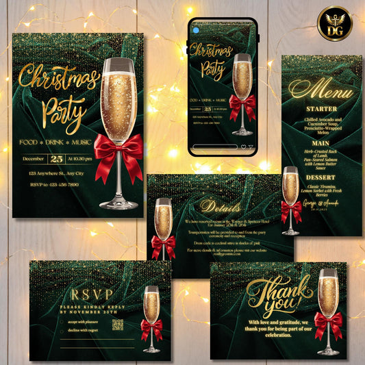 Emerald Velvet & Gold Glitter Christmas Party Invitation Set | Elegant Canva Template | Luxury Holiday Digital Invite
