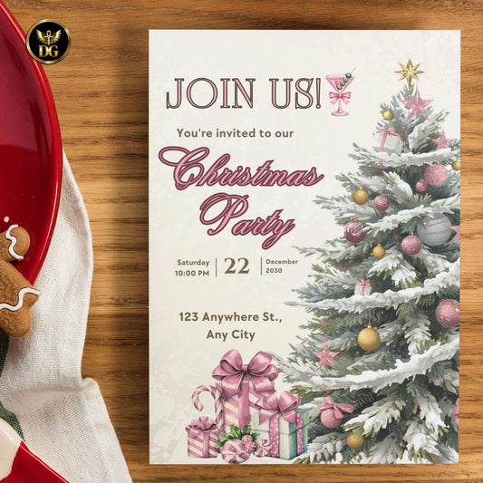 Christmas Party Invitation Template Set, Elegant Pink & Gold Holiday Invite, Digital Download, Menu, RSVP, Thank You, Details Card
