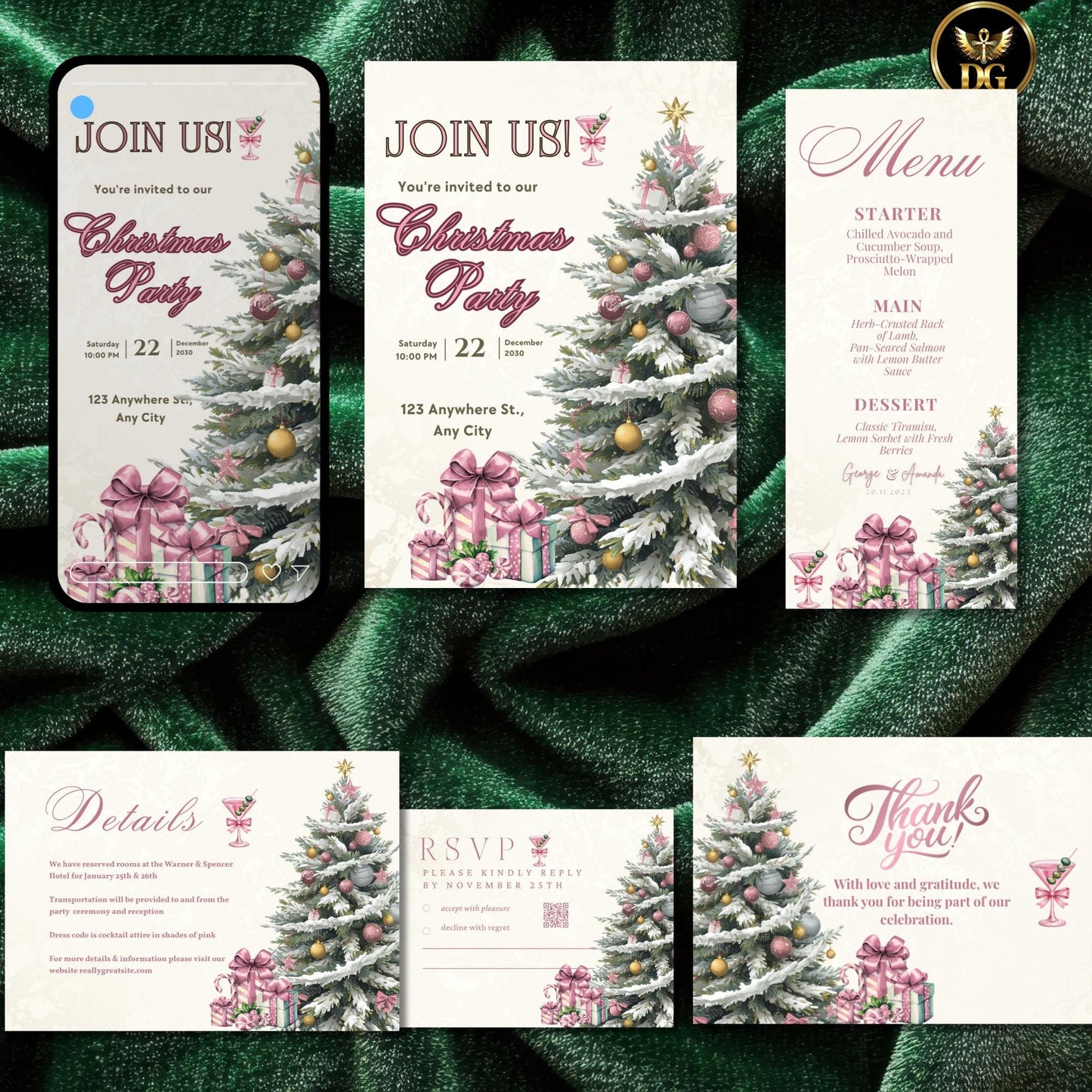 Christmas Party Invitation Template Set, Elegant Pink & Gold Holiday Invite, Digital Download, Menu, RSVP, Thank You, Details Card