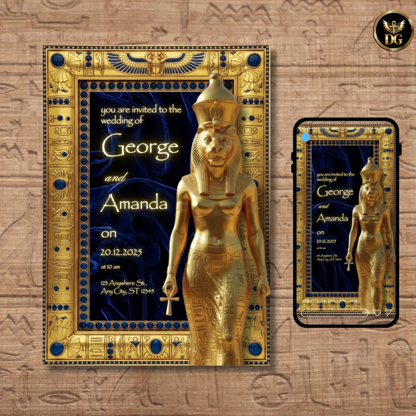 Premium Royal Egyptian Wedding Digital Invitation Celebrate Your Eternal Love Under Sekhmet’s Golden Protection and Divine Celestial Design
