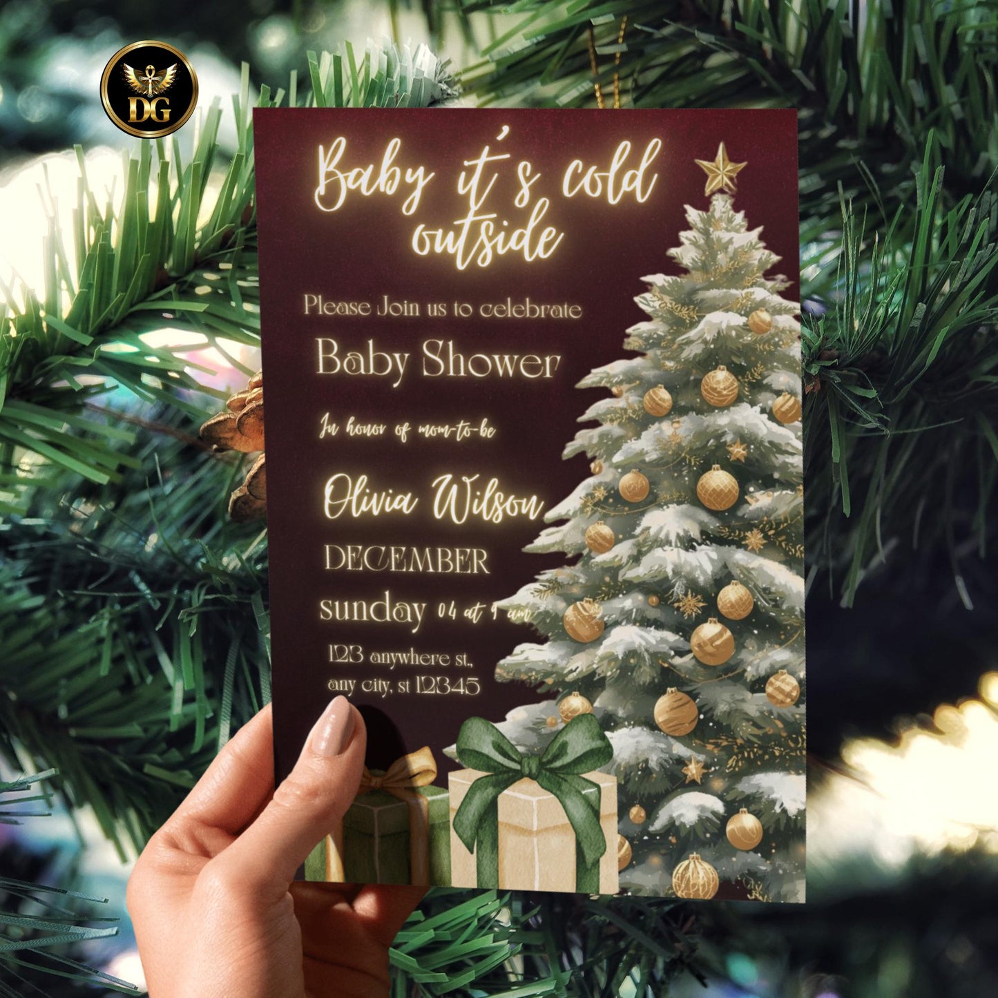 Baby It’s Cold Outside Christmas Baby Shower Invitation, Winter Gold Green Holiday Invite, Digital 1080x1920 & Printable 5x7 Template