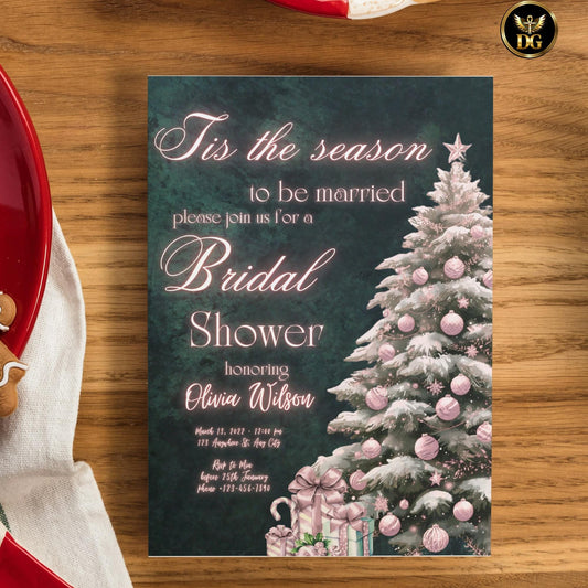 Tis The Season to Be Married Bridal Shower Invitation Set Christmas Bridal Shower Invite Holiday Emeraled Green Template Winter Wedding