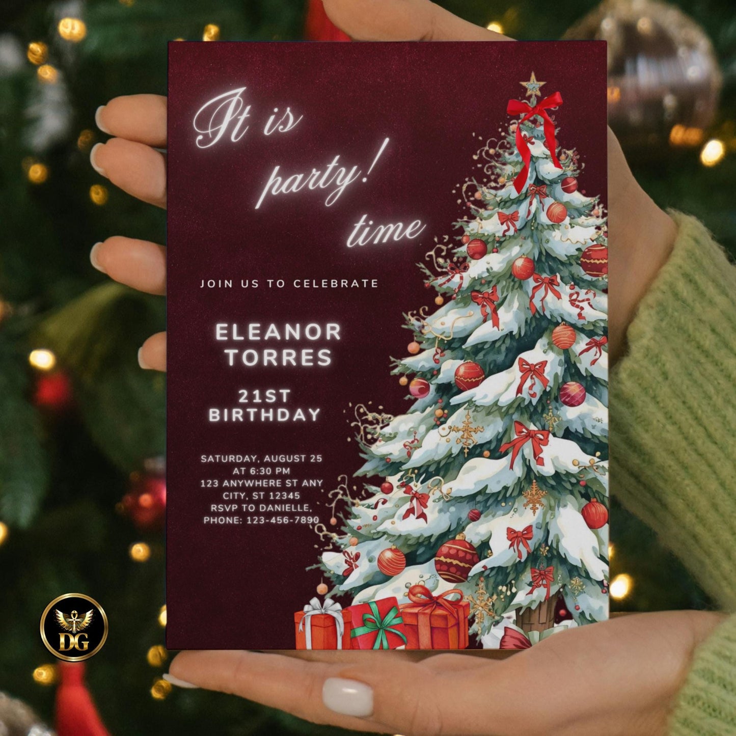 Festive Maroon Christmas Birthday Invitation | Editable 5x7 & Digital 1080x1920 Templates