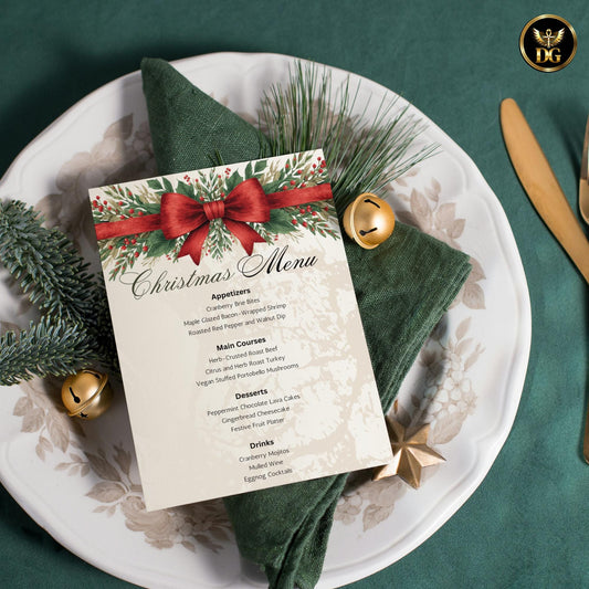 Luxury Christmas Menu & Wine Label Set, 6 Templates, Cream Gold, Red Ribbon, Printable