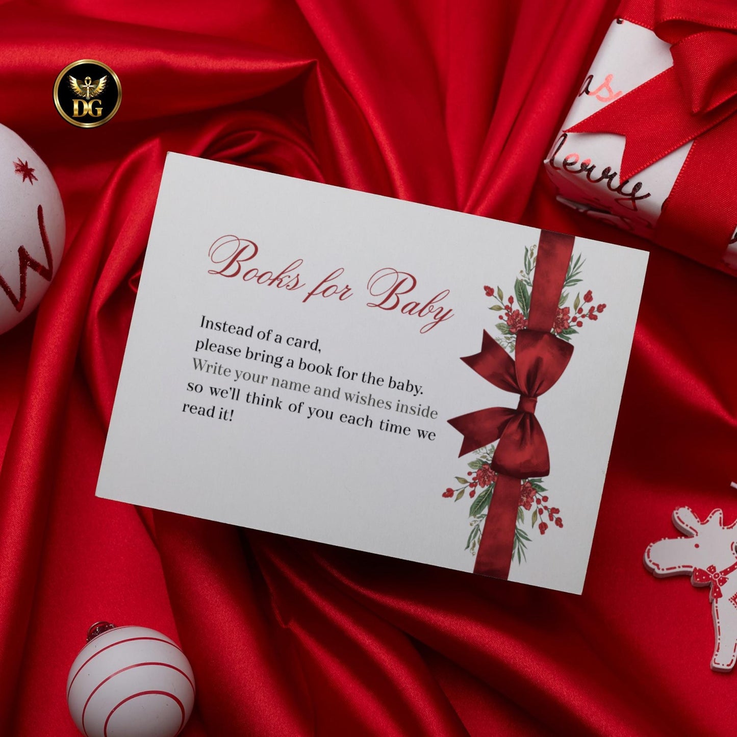 Elegant White Baby Shower Invitation Bundle, 8 Editable Templates with Red Bow Neutral Printable Set Invitation Details RSVP Menu ThankYou