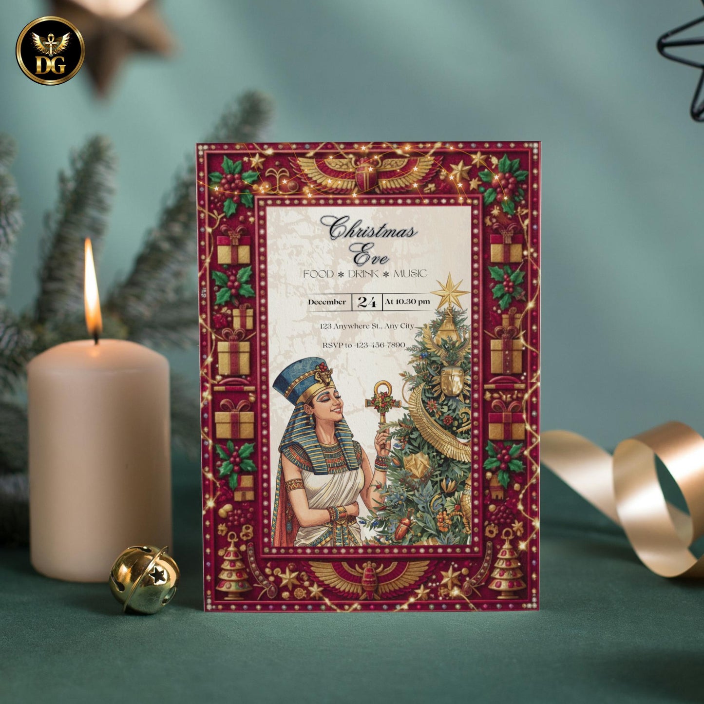 Royal Egyptian Christmas Eve Invitation | Queen Holding Ankh | Luxury Pharaonic Holiday Card Design