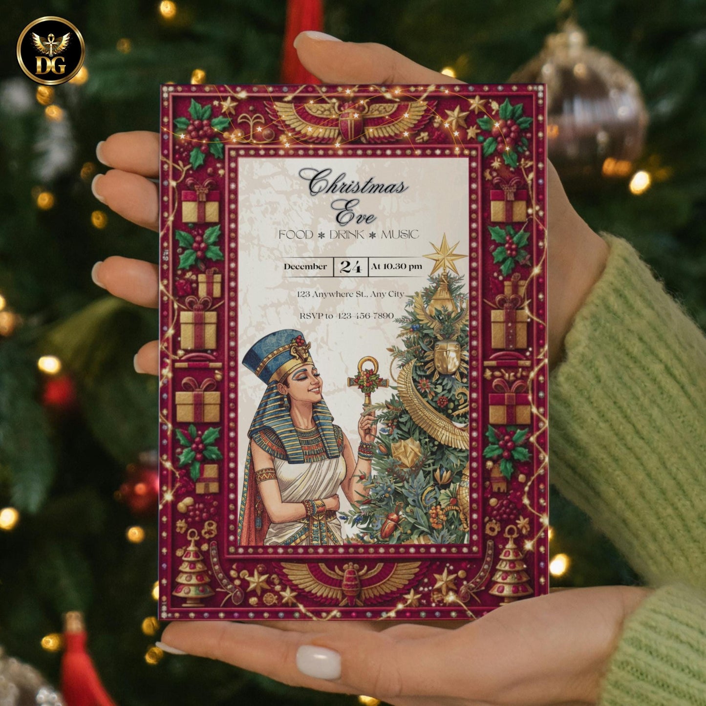 Royal Egyptian Christmas Eve Invitation | Queen Holding Ankh | Luxury Pharaonic Holiday Card Design