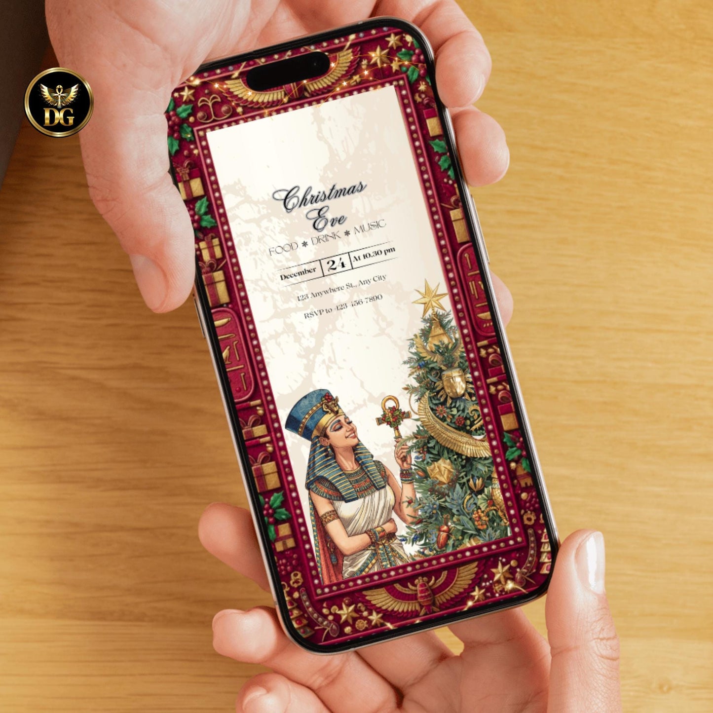 Royal Egyptian Christmas Eve Invitation | Queen Holding Ankh | Luxury Pharaonic Holiday Card Design