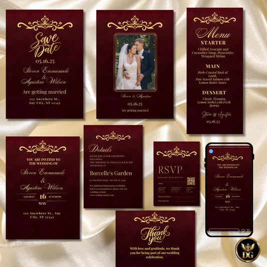 Editable Burgundy and Gold Wedding Invitation Suite, Luxury Wedding Template Bundle with Matching Welcome Sign, Printable Wedding Set