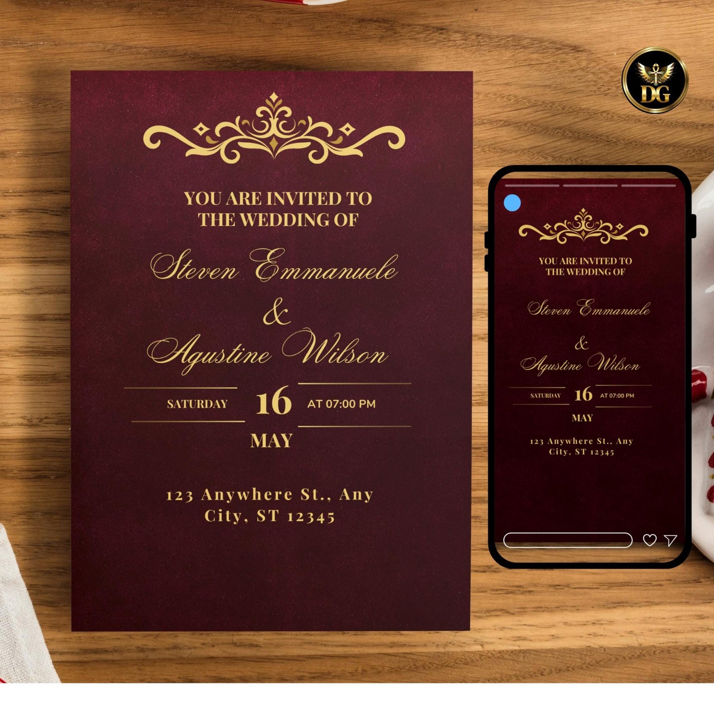 Editable Burgundy Maroon Gold Wedding Invitation , Luxury Wedding Template Bundle with Matching Full bundle, Welcome Sign, Printable Wedding