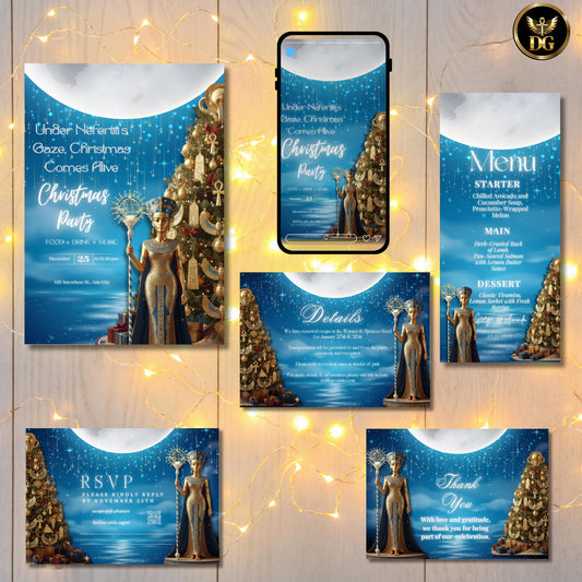 Nefertiti Christmas Eve Invitation Template - Egyptian Pharaoh Party Digital Bundle