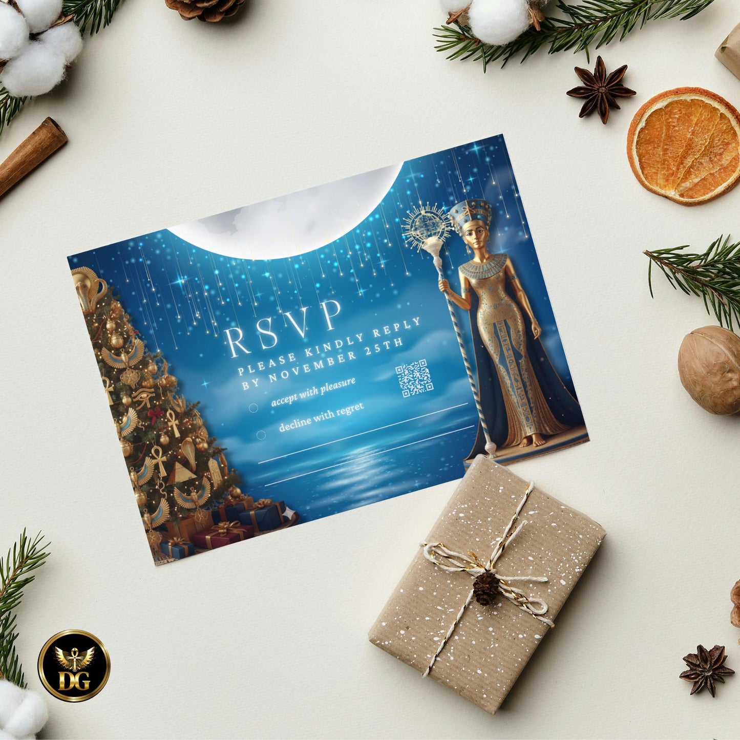 Nefertiti Christmas Eve Invitation Template - Egyptian Pharaoh Party Digital Bundle