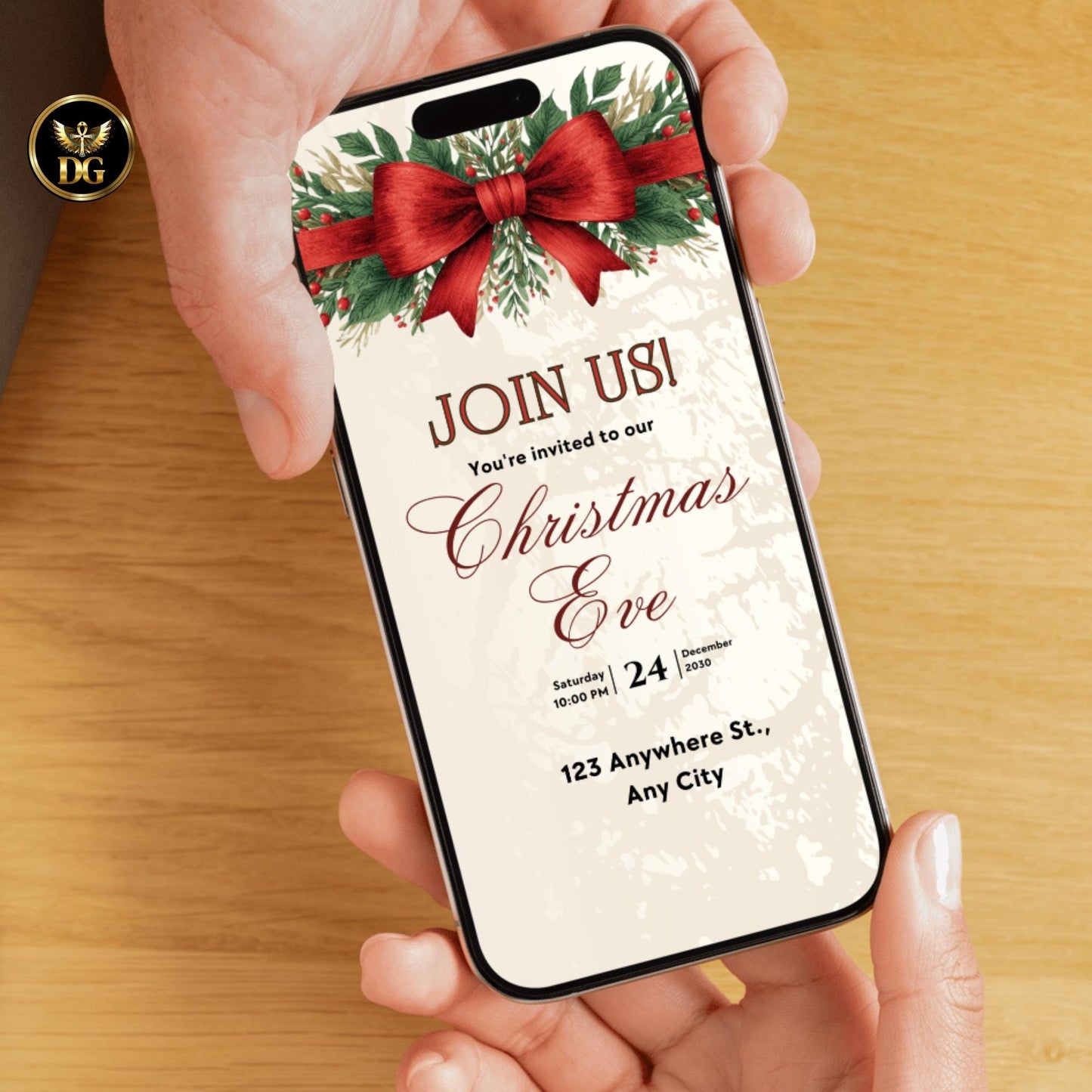 Christmas Eve Party Invitation Template Set, Elegant Red Bow & Gold Holiday Invite, Digital Download, Menu, RSVP, Thank You, Details Card