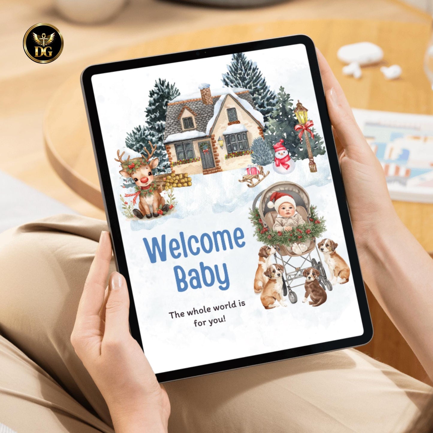 Newborn Baby Christmas Invitation | Digital Baby Shower Card | Winter Snow Theme | Cute Baby in Pram with Puppies | Editable Template