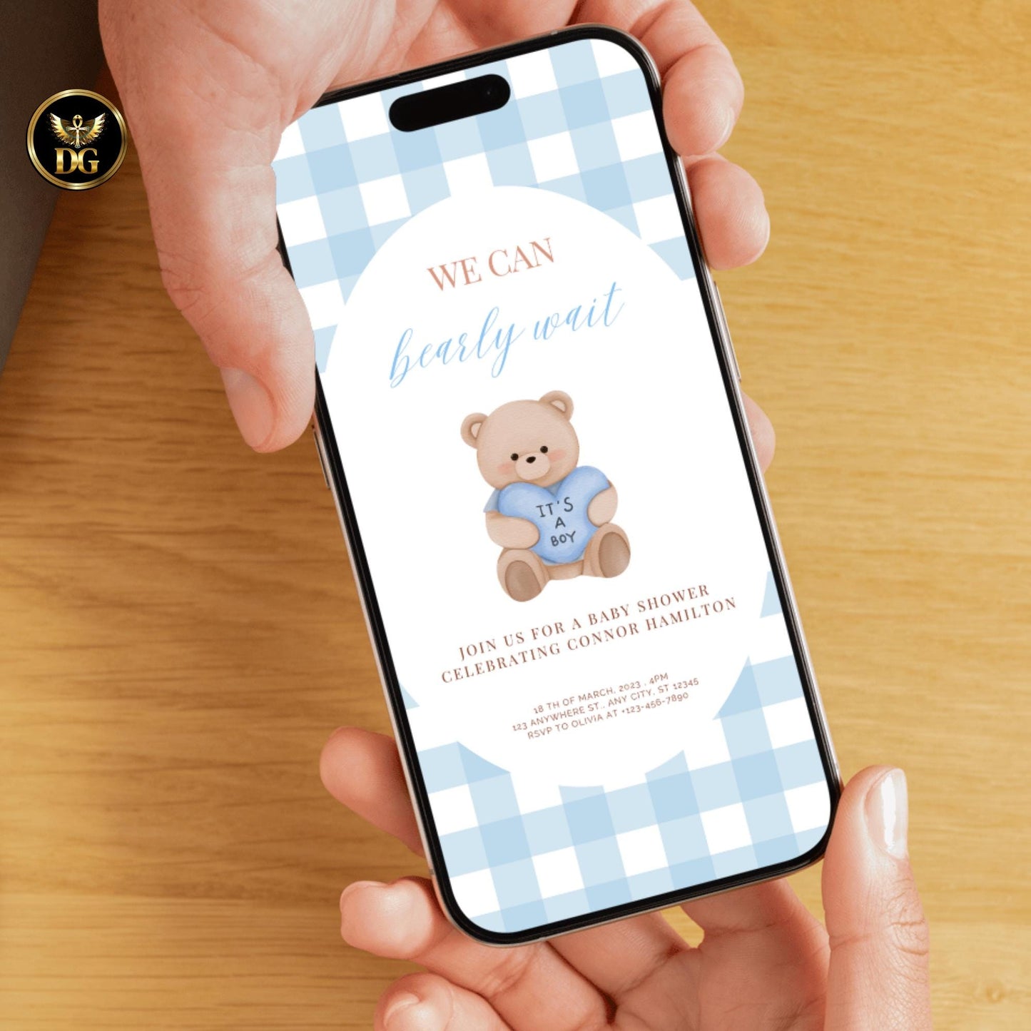 We Can Bearly Wait Baby Shower Invite Gingham Blue, Boho Teddy Bear Invitation, Minimalist Baby Shower Invite Bear Baby Sprinkle Baby Shower