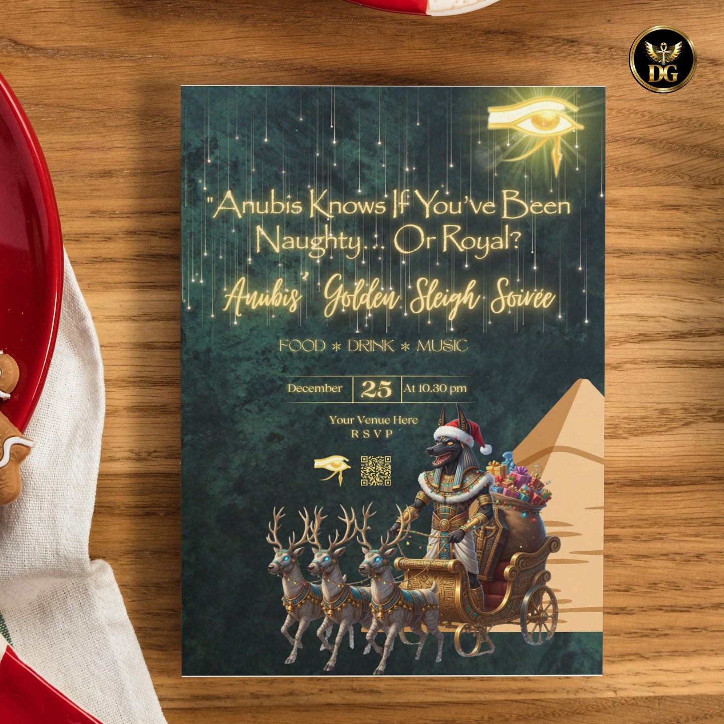 Anubis’ Golden Sleigh Soirée Egyptian Mythical Christmas Party Invitation Emerald Gold Digital Template Animated Canva Pro Version Available