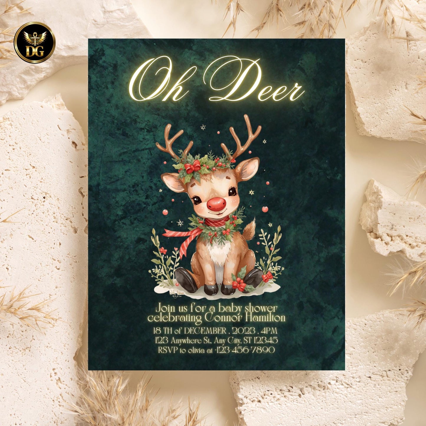 Oh Deer! Christmas Baby Shower Invitation, Emerald Green Velvet Reindeer Holiday Invite, Digital 1080x1920 & Printable 5x7 Template