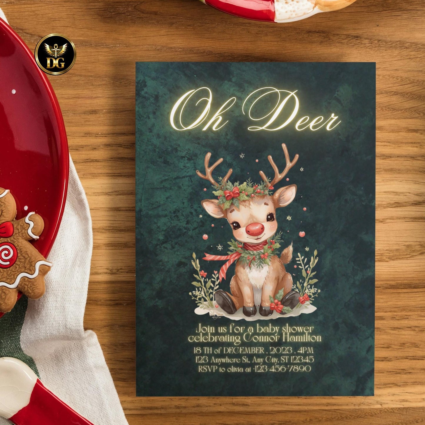Oh Deer! Christmas Baby Shower Invitation, Emerald Green Velvet Reindeer Holiday Invite, Digital 1080x1920 & Printable 5x7 Template