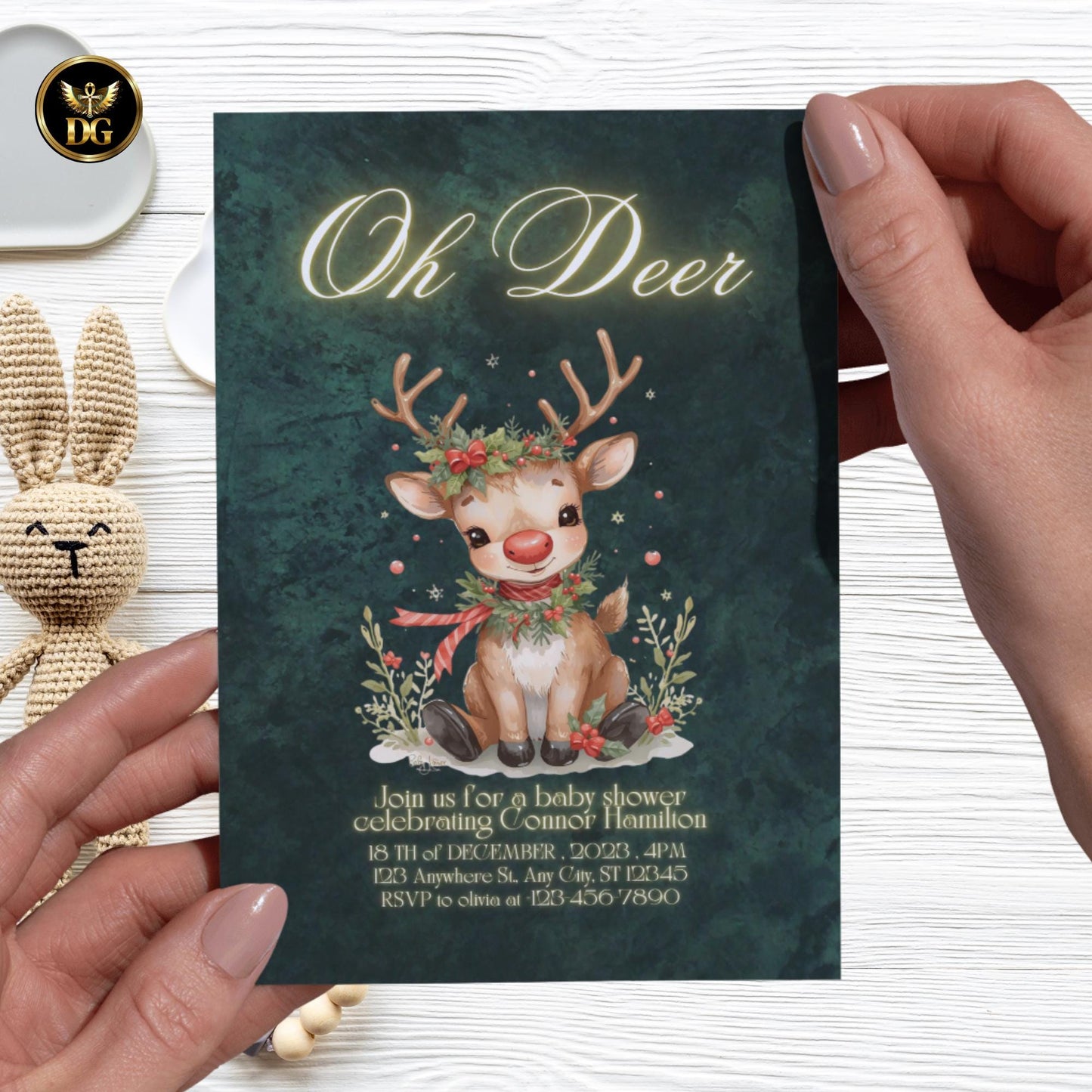 Oh Deer! Christmas Baby Shower Invitation, Emerald Green Velvet Reindeer Holiday Invite, Digital 1080x1920 & Printable 5x7 Template