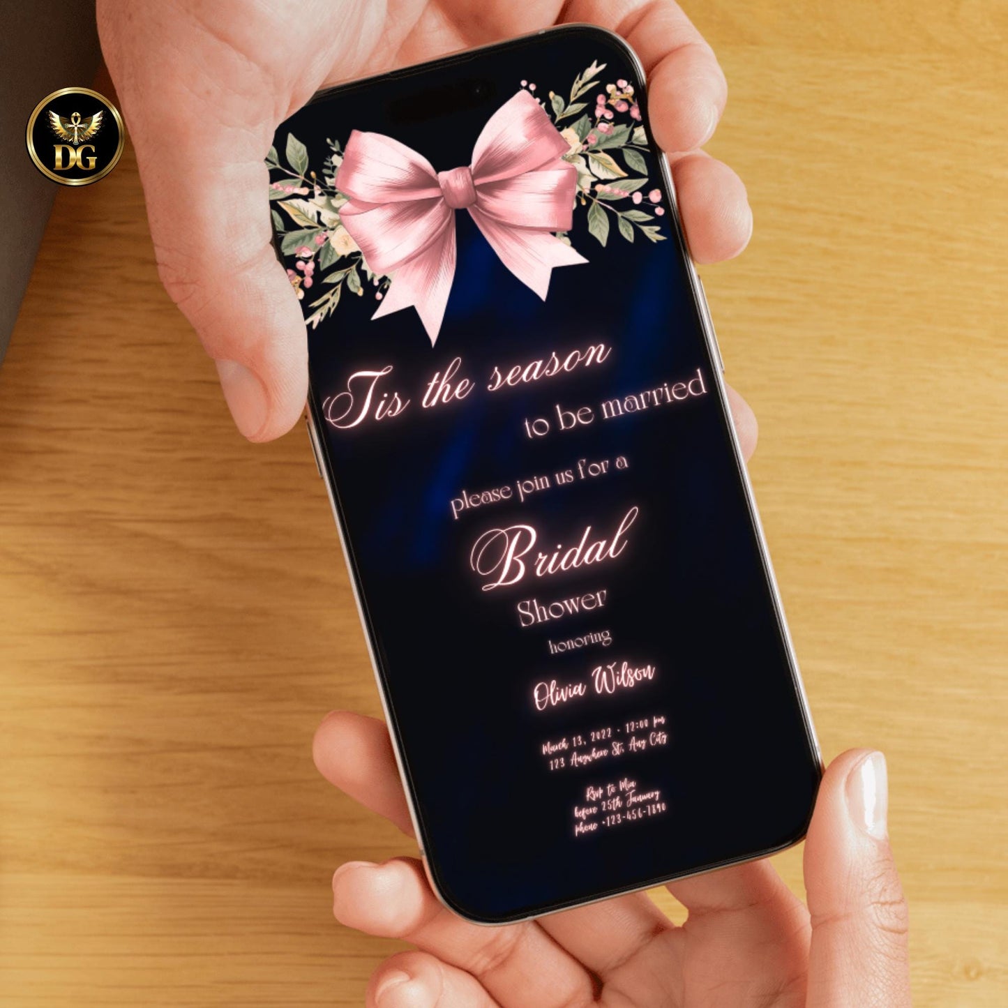 Tis The Season to Be Married Bridal Shower Invite - Navy Velvet, Pink Bow & Roses, Canva Editable, 7x5 Print, 1080x1920 Digital