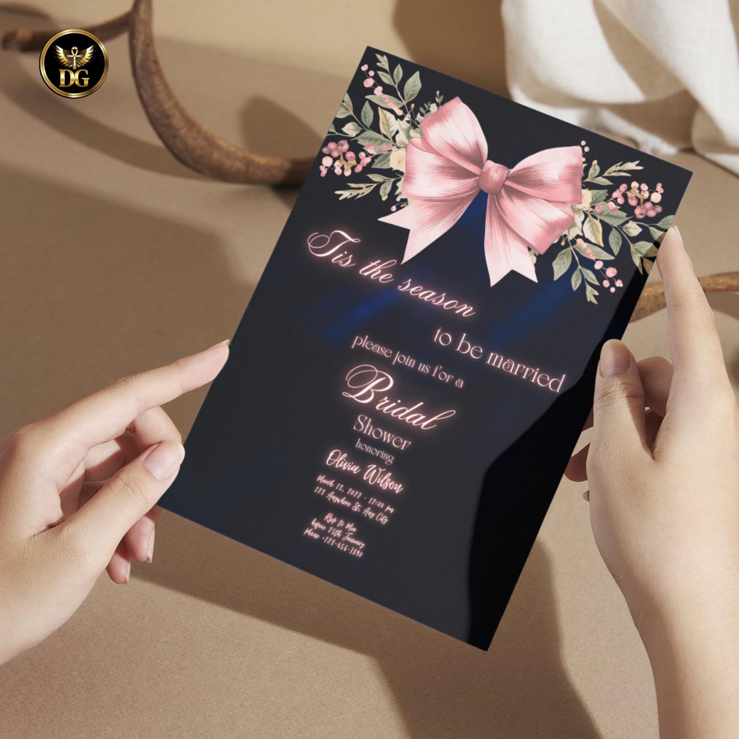 Tis The Season to Be Married Bridal Shower Invite - Navy Velvet, Pink Bow & Roses, Canva Editable, 7x5 Print, 1080x1920 Digital