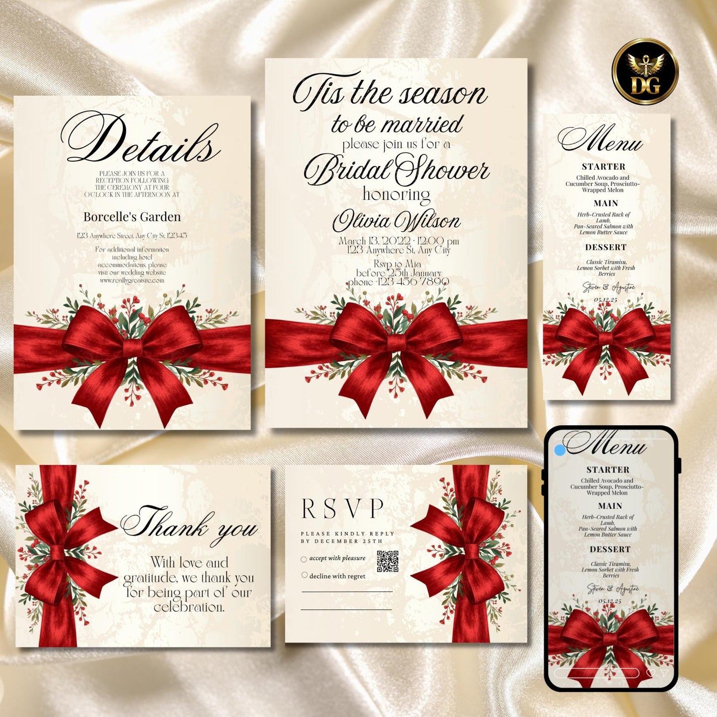Tis The Season to Be Married Bridal Shower Bundle - Cream Gold, Red Bow, Canva Editable, 7x5 Print, 1080x1920 Digital, Xmas Wedding