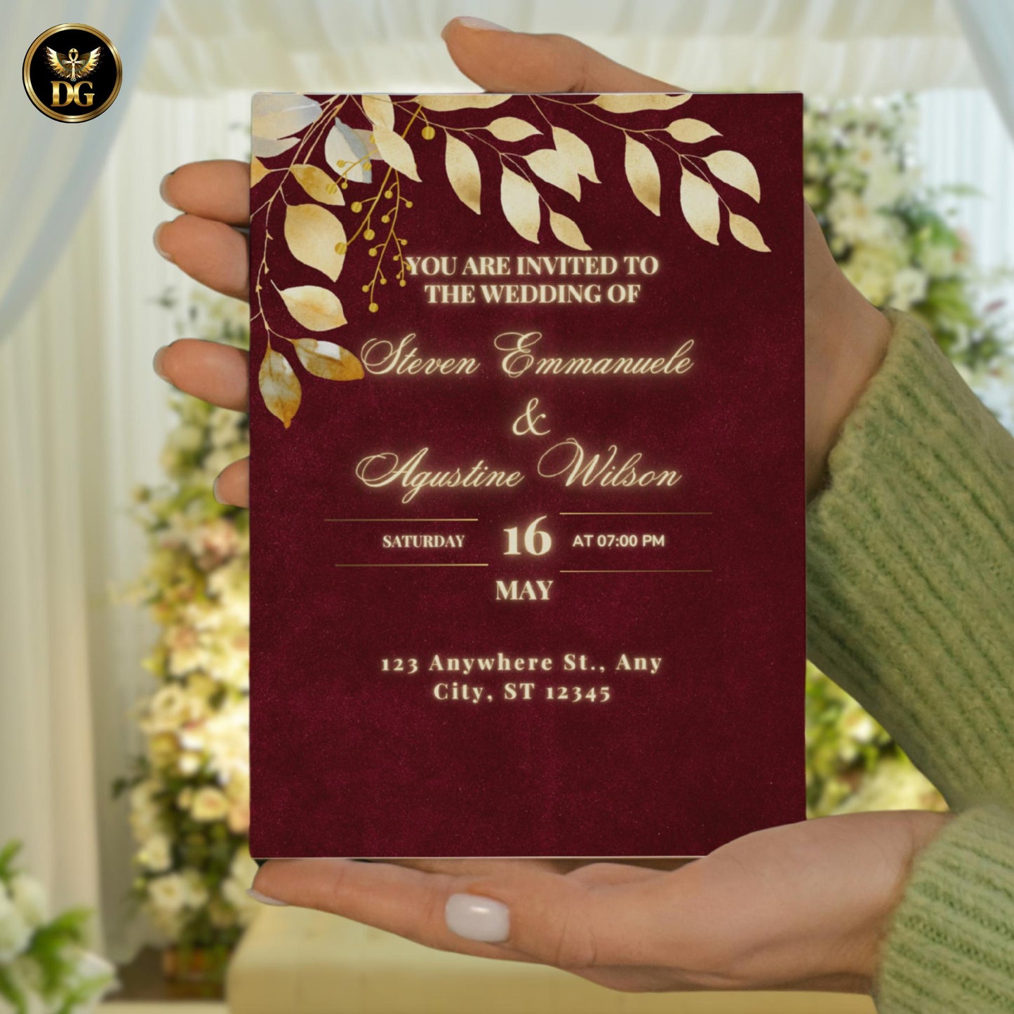 Burgundy Maroon Velvet, Gold Leaf Wedding Invitation Suite 8-Piece Canva Template Bundle | Luxury Digital & Printable Wedding Stationery Set