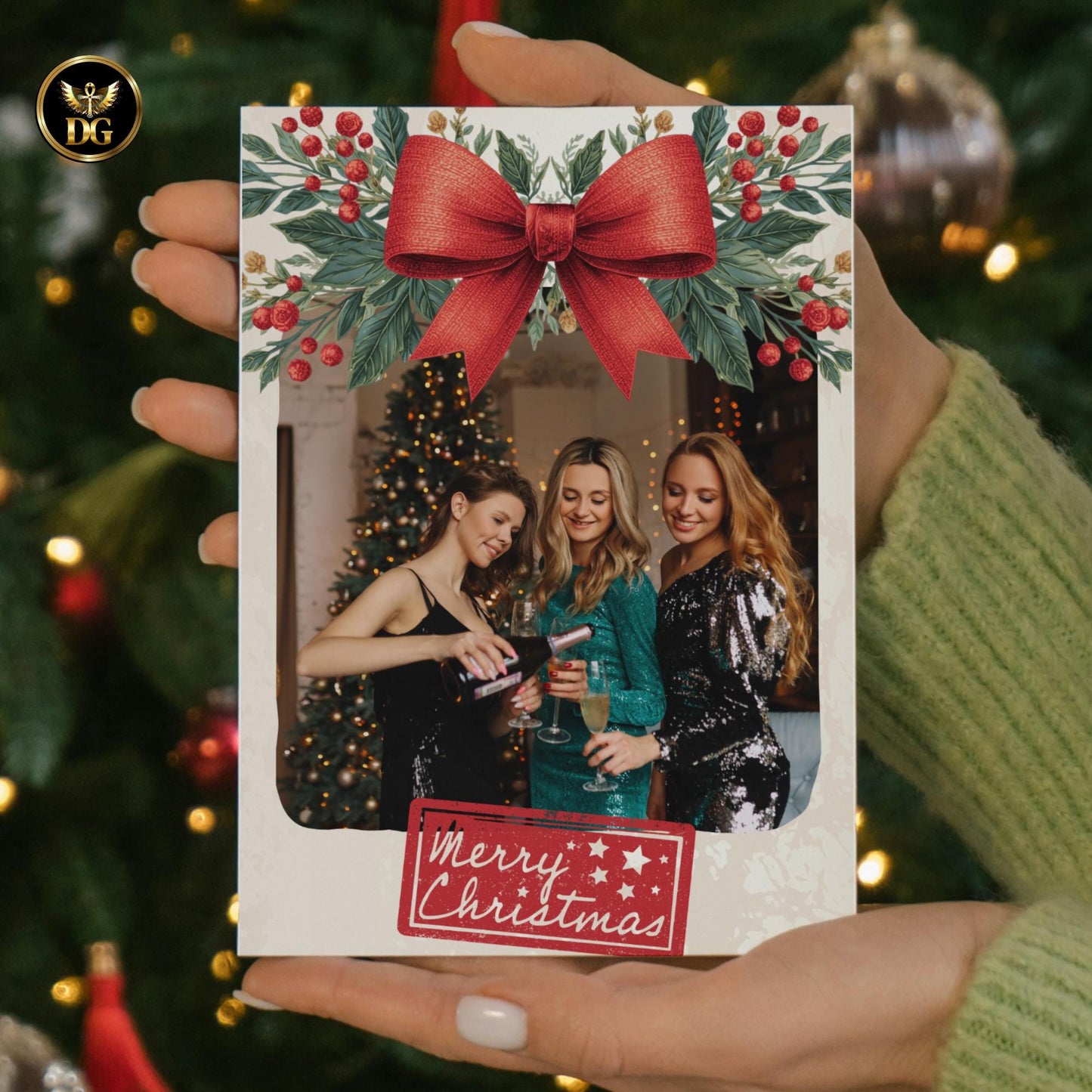 Botanical Christmas Photo Card Template, Family Holiday Card with Red Bow, Red Berries, Cream Gold Editable Canva Digital Download